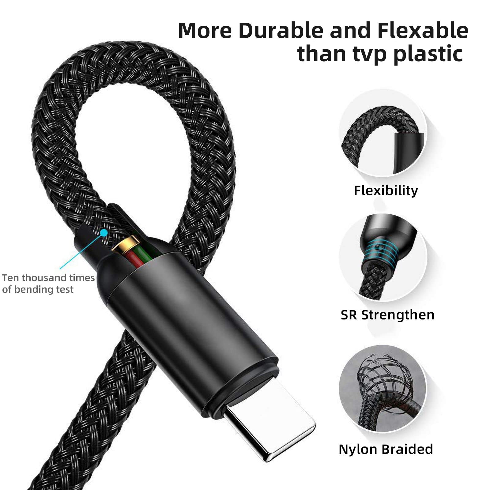 Premium Nylon Braided USB-C Charging Cable for Microsoft Surface Pro 7/6/5/4/3/2/1 - 6ft Fast Charging Cord Compatible with 45W 15V 3A Power Adapter (Black) - Perfect for Home, Office & Travel Use