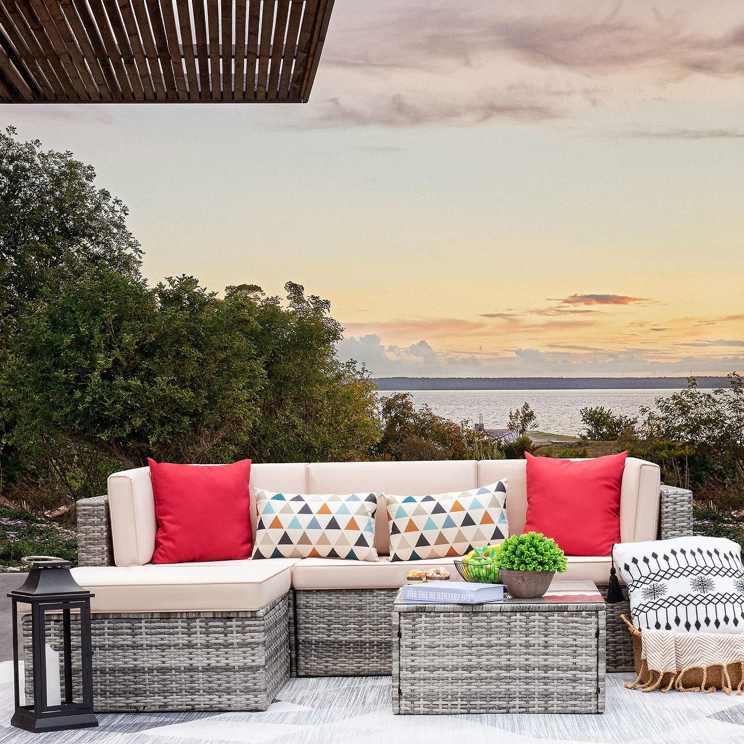 VICTONE 5-Piece Patio Furniture Set - Outdoor Wicker Rattan Sectional Sofa with Cushions & Glass Coffee Table, Beige-Grey - Perfect for Backyard, Garden, Poolside & Patio Relaxation