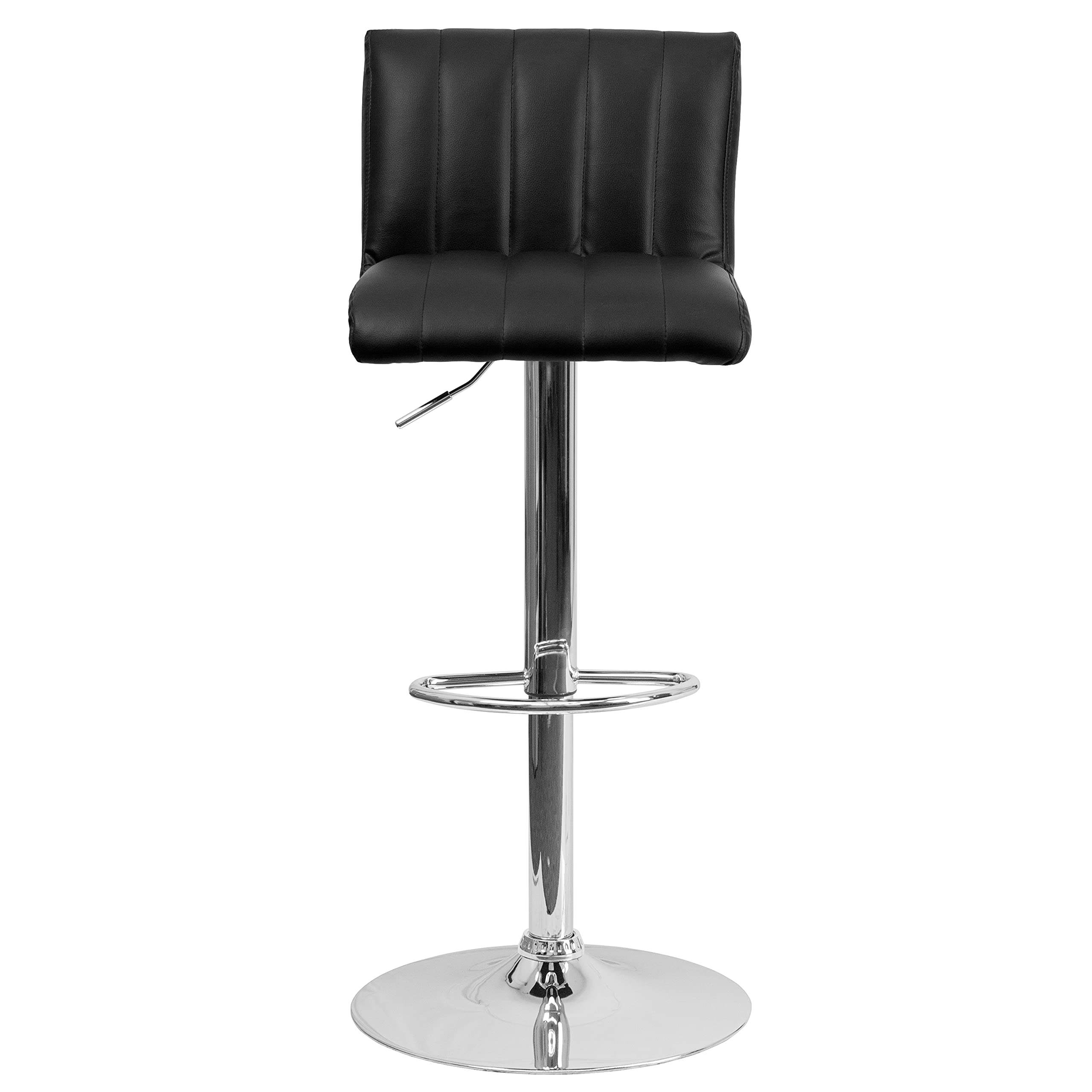 EMMA & OLIVER Black Vinyl Adjustable Height Bar Stool with Vertical Stitch Back - Modern Kitchen Island & Counter Height Stools for Dining, Bar, or Home Decor