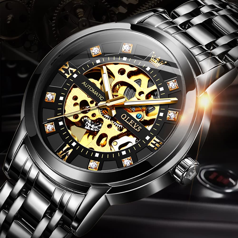 OLEVS Automatic Skeleton Watches for Men - Luxury Mechanical Gold Wristwatch with Diamond Accents, Stainless Steel Case, Waterproof & Luminous - Perfect for Business, Formal Events & Gift Giving