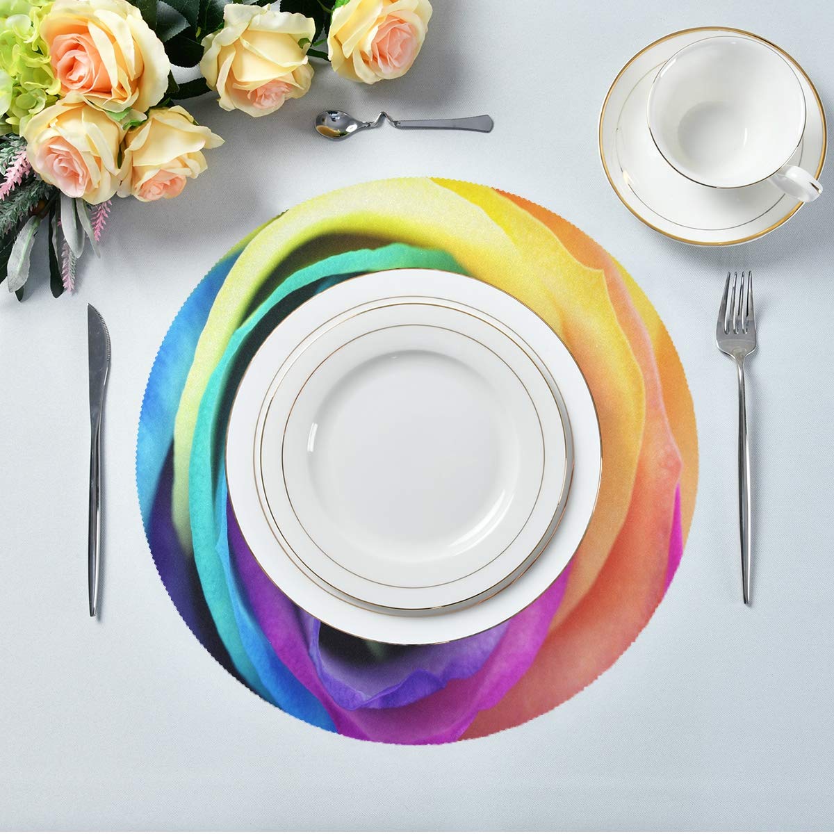 Blueangle Rainbow Rose Placemats - Set of 4 Round Non-Slip Table Mats for Dining, Heat Resistant & Decorative - Perfect for Kitchen, Restaurant, and Party Decor