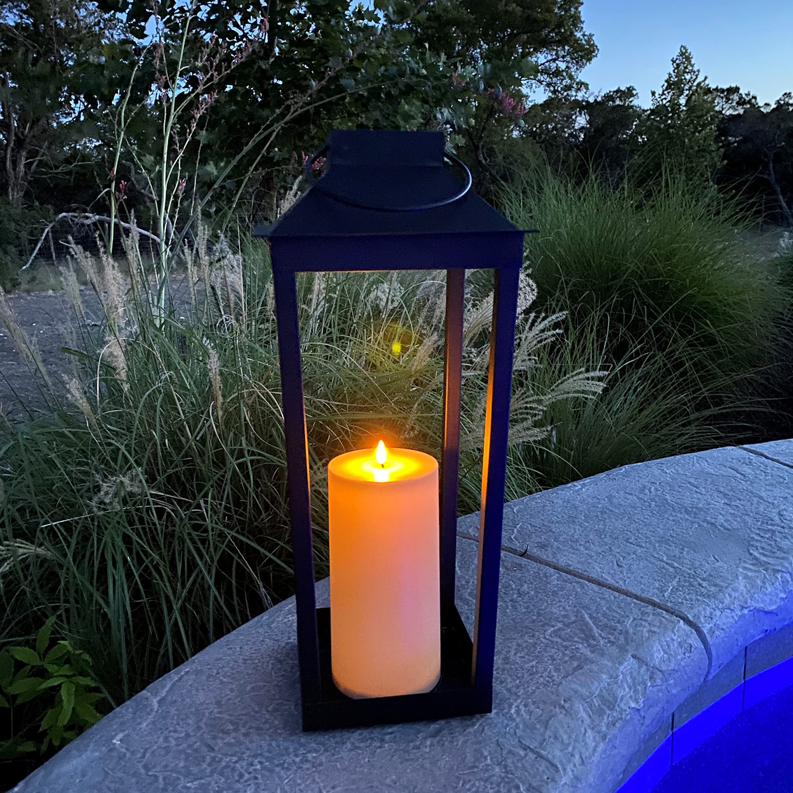 19 Inch Black Metal Solar Powered Outdoor Lantern - Open Frame Design with Flickering LED & Dusk to Dawn Timer | Flameless Candle Lantern for Porch, Patio, Garden & Pathway Lighting | Weather Resistant Decorative Lighting for Outdoor Spaces