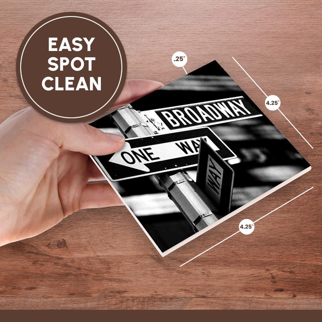 3Drose Broadway Ceramic Tile Coasters Set of 4 - Absorbent & Durable Drink Coasters for Coffee Table, Bar, Office & Home Decor