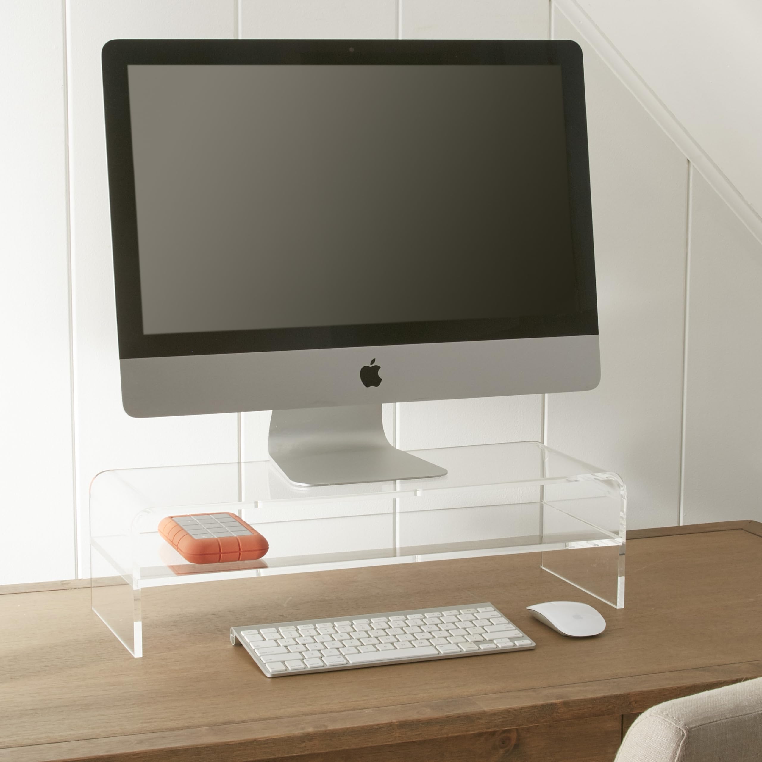 Clear Acrylic Media Riser Stand with Shelf | Universal Laptop, Printer, TV & PC Stand for Home or Office | Extra Storage & Organization Space | Perfect for Work Desks, Gaming Setups & Home Entertainment Systems