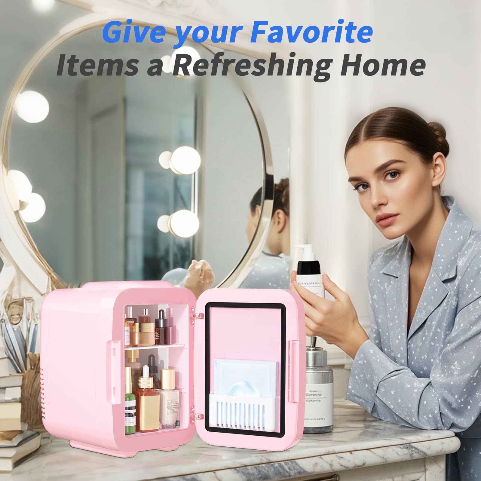 YASHE 4L Mini Skincare Fridge with LED Mirror - Portable Cooler & Warmer for Cosmetics, Makeup, Food & Drinks (Holds 6 Cans) - Perfect for Bedroom, Vanity, Office & Car Use - Pink Beauty Fridge with Dimmable Light