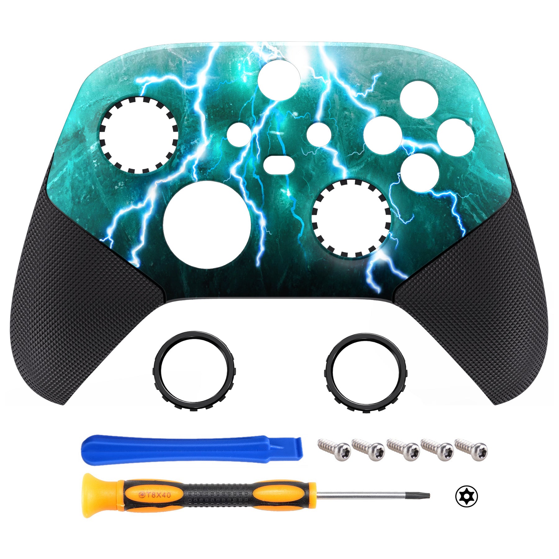 eXtremeRate ASR Version Performance Rubberized Grip Front Housing Shell with Accent Rings for Xbox Series X & S Controller - Green Storm Thunder - Enhanced Gaming Comfort for Long Play Sessions