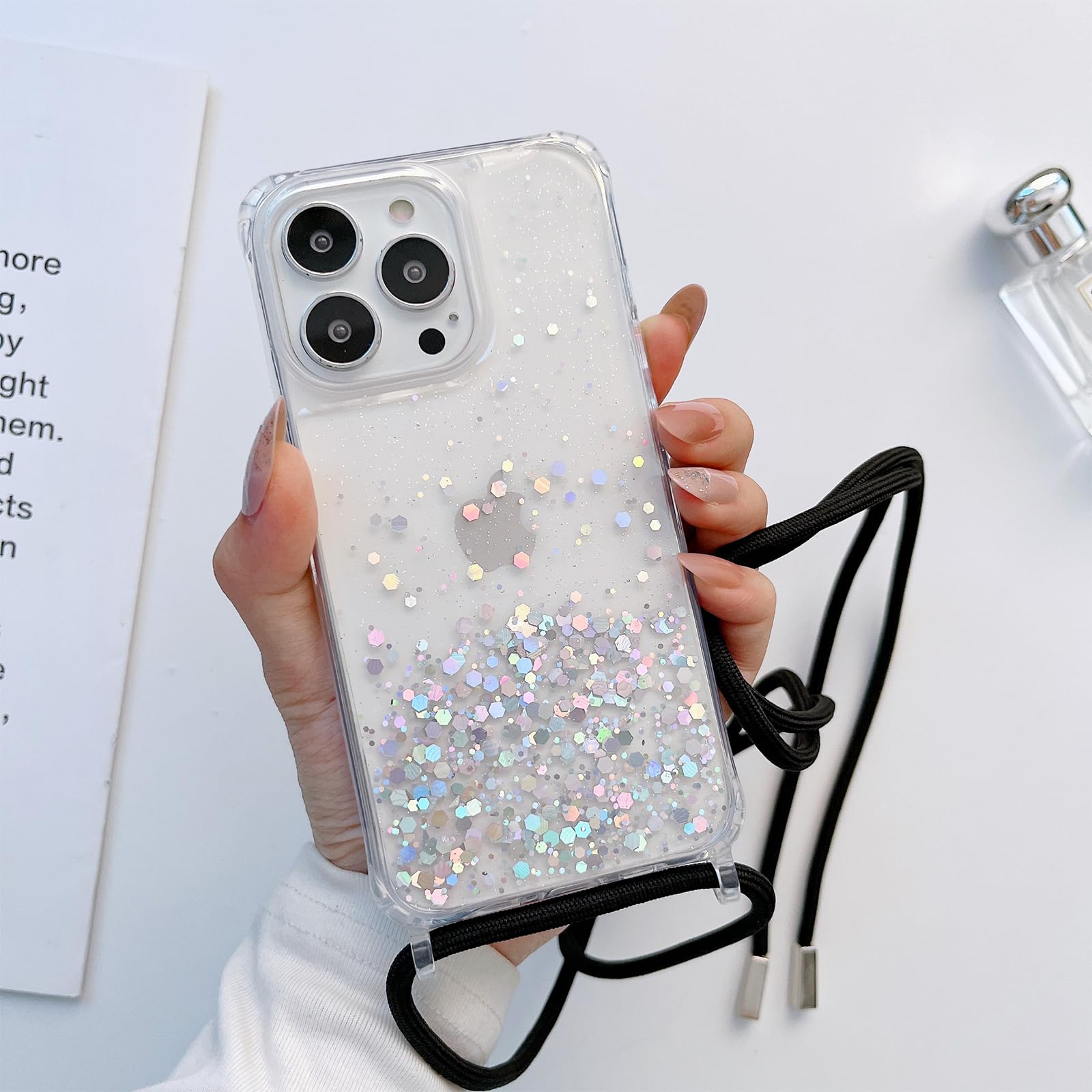 **iPhone 15 Pro Strap Case with Adjustable Crossbody Lanyard - Clear Glitter Shockproof TPU Cover with Soft Bumper for Women & Girls - Crystal Clear Design for Daily Use & Travel**