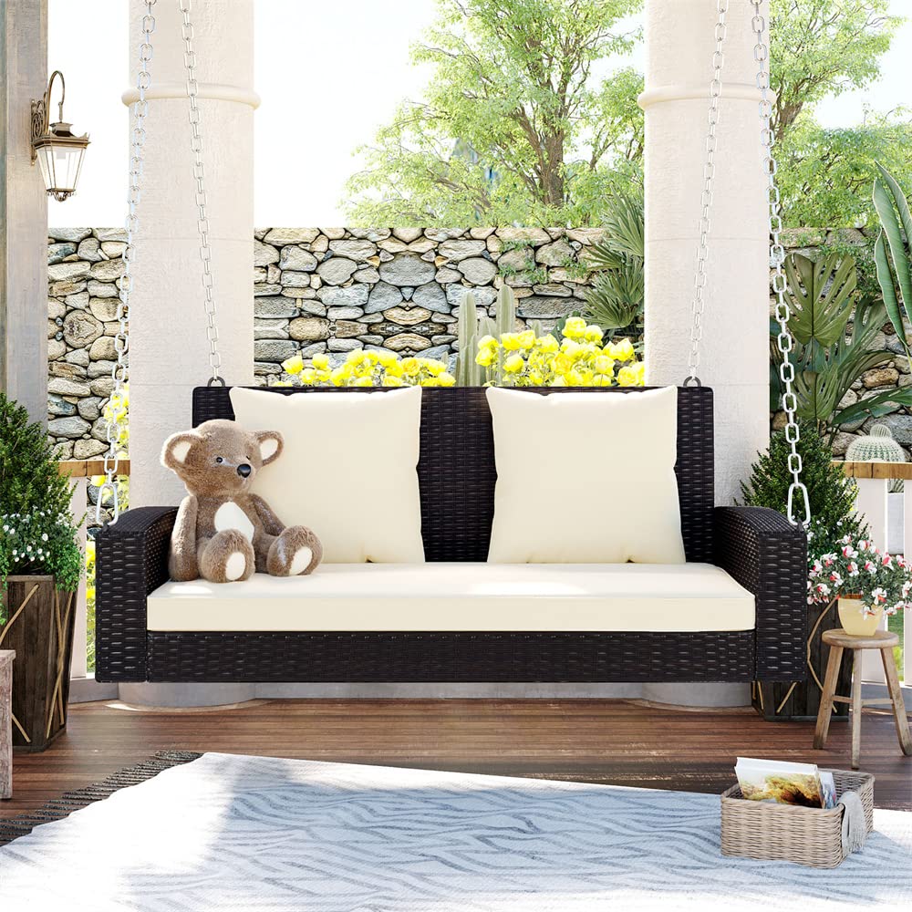 2-Person Wicker Hanging Porch Swing - Outdoor Rattan Swing Bench with Removable Cushion & Steel Chains - Heavy Duty Garden Swing for Backyard, Patio, Poolside - Perfect for Relaxing, Reading & Enjoying Nature (Brown)
