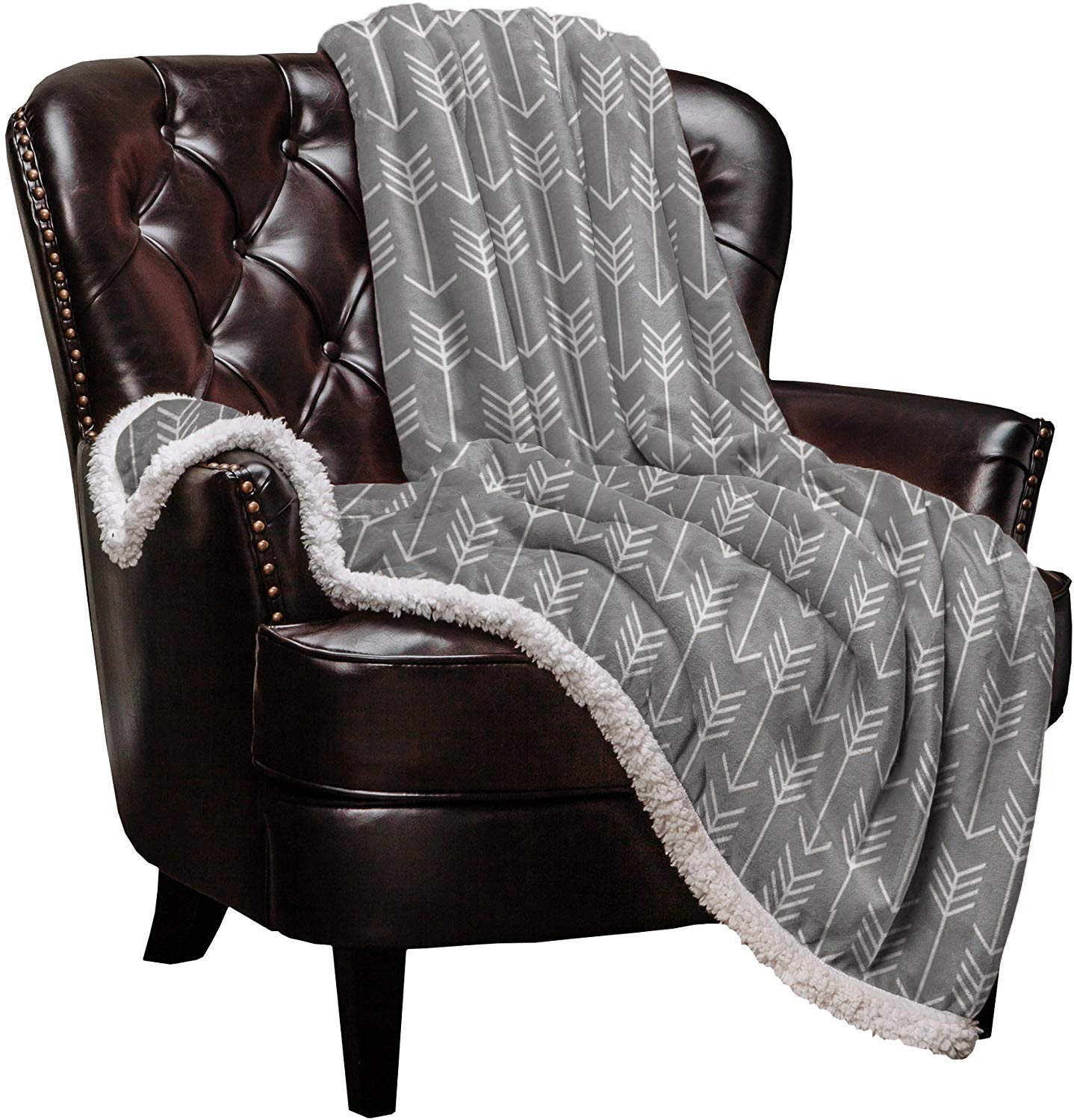 Classic White Arrow Pattern Grey Fleece Throw Blanket - Soft Fuzzy Plush Blanket for Couch, Sofa & Bed - All Season Washable Blanket 39x49 inches - Perfect for Living Room, Bedroom & Travel