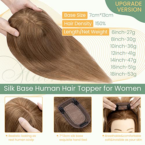 Clip in Human Hair Topper with Silk Base - Natural Looking Hairpiece for Thinning Hair - Perfect for Daily Wear, Special Occasions & Styling