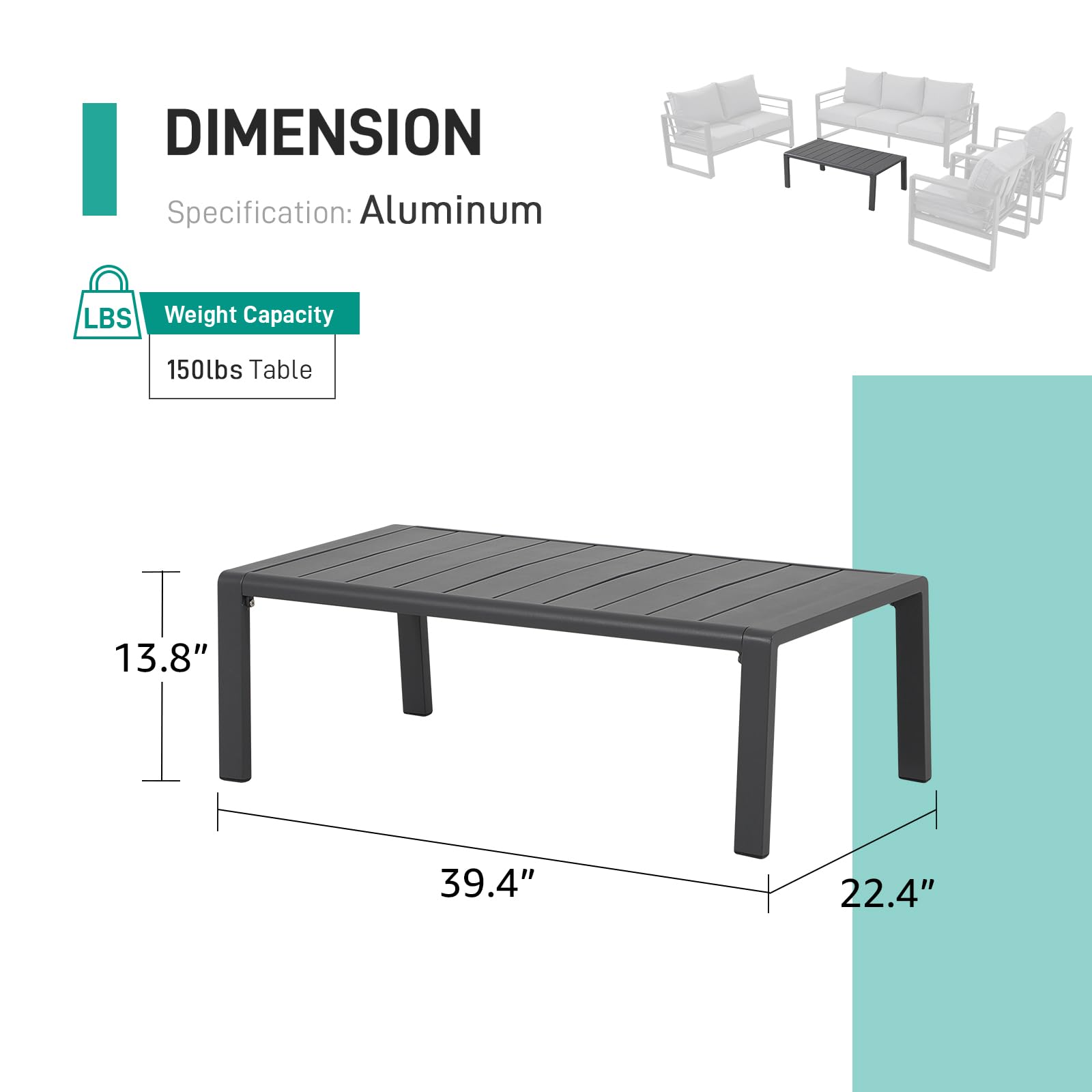 Patiorama Aluminum Outdoor Patio Coffee Table - All-Weather Metal Rectangle Coffee Table with Slatted Tabletop (150 lbs Capacity) for Deck, Garden, Balcony & Poolside - Dark Grey | Perfect for Outdoor Entertaining & Relaxation