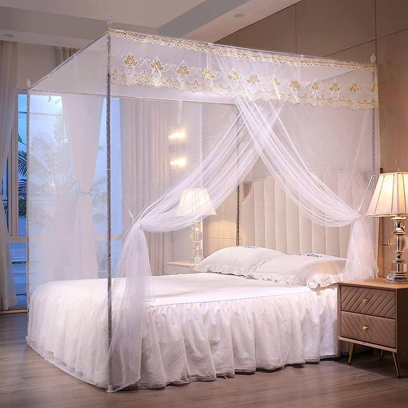 FDFWEFLQQ Double Canopy Mosquito Net Frame with Stainless Steel Poles & Curtain Brackets - King/Twin Size, 22mm Thick - Perfect for Bedroom, Indoor Home Decor & Outdoor Camping Protection