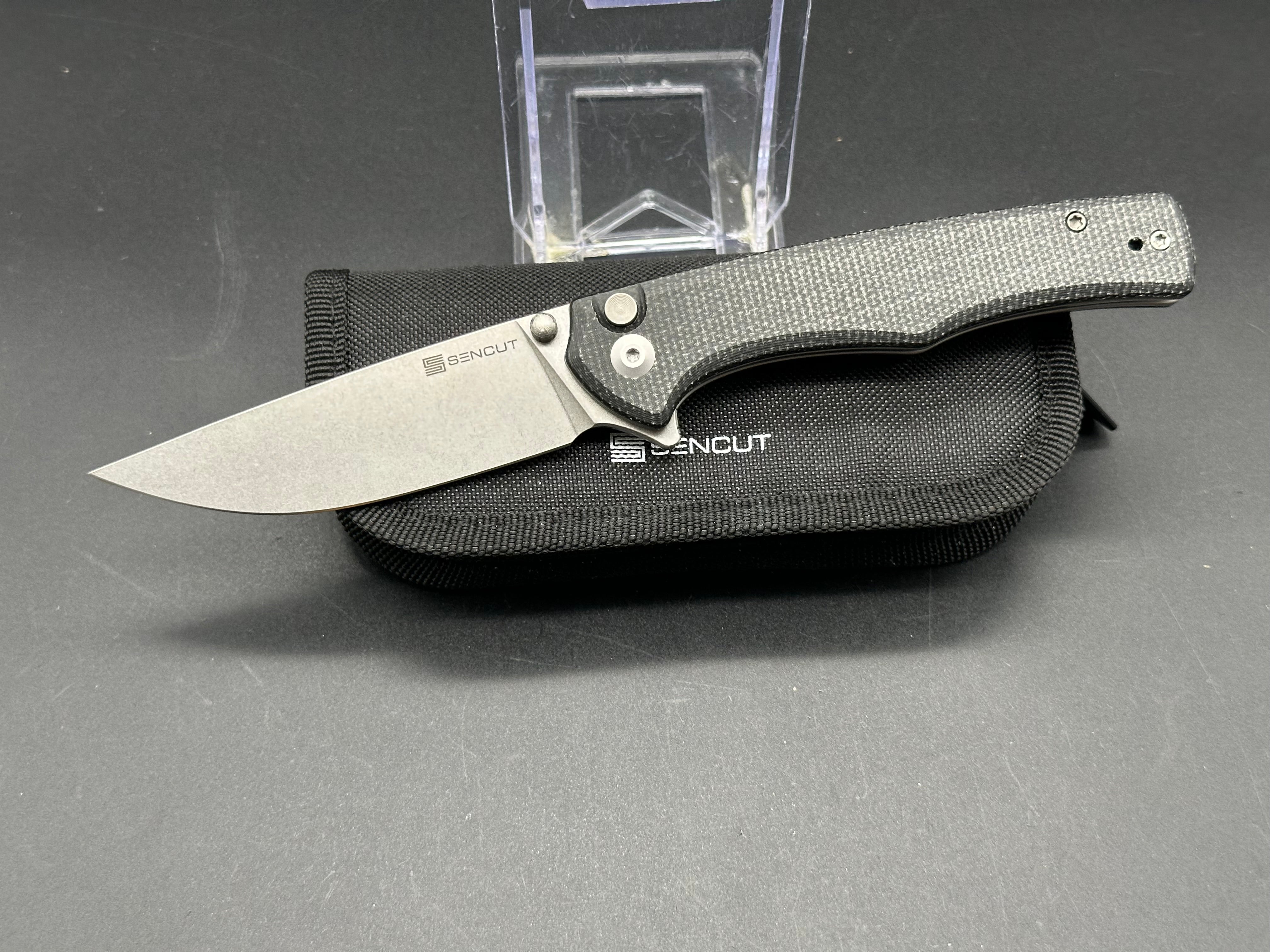 SENCUT Crowley Button Lock Pocket Knife - Black Micarta Handle, 3.48