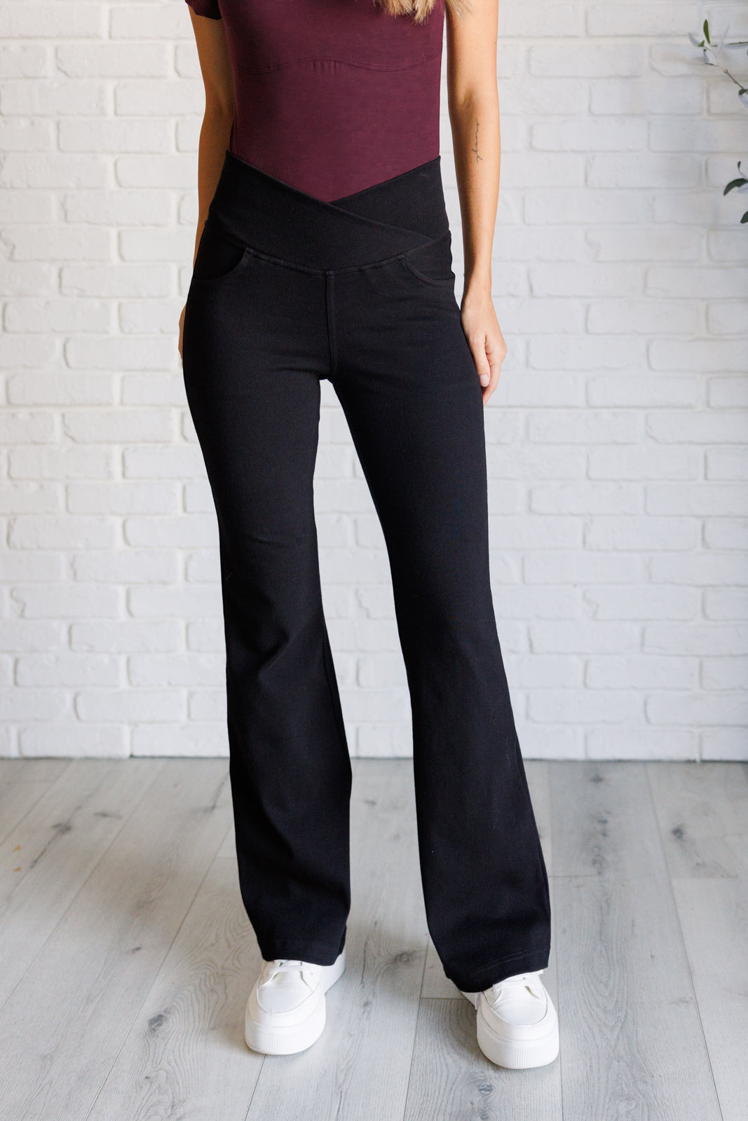 Women's High Waisted Twill Flare Pants - Crossover Design for Comfort & Style | Perfect for Work, Travel & Casual Outfits | Black