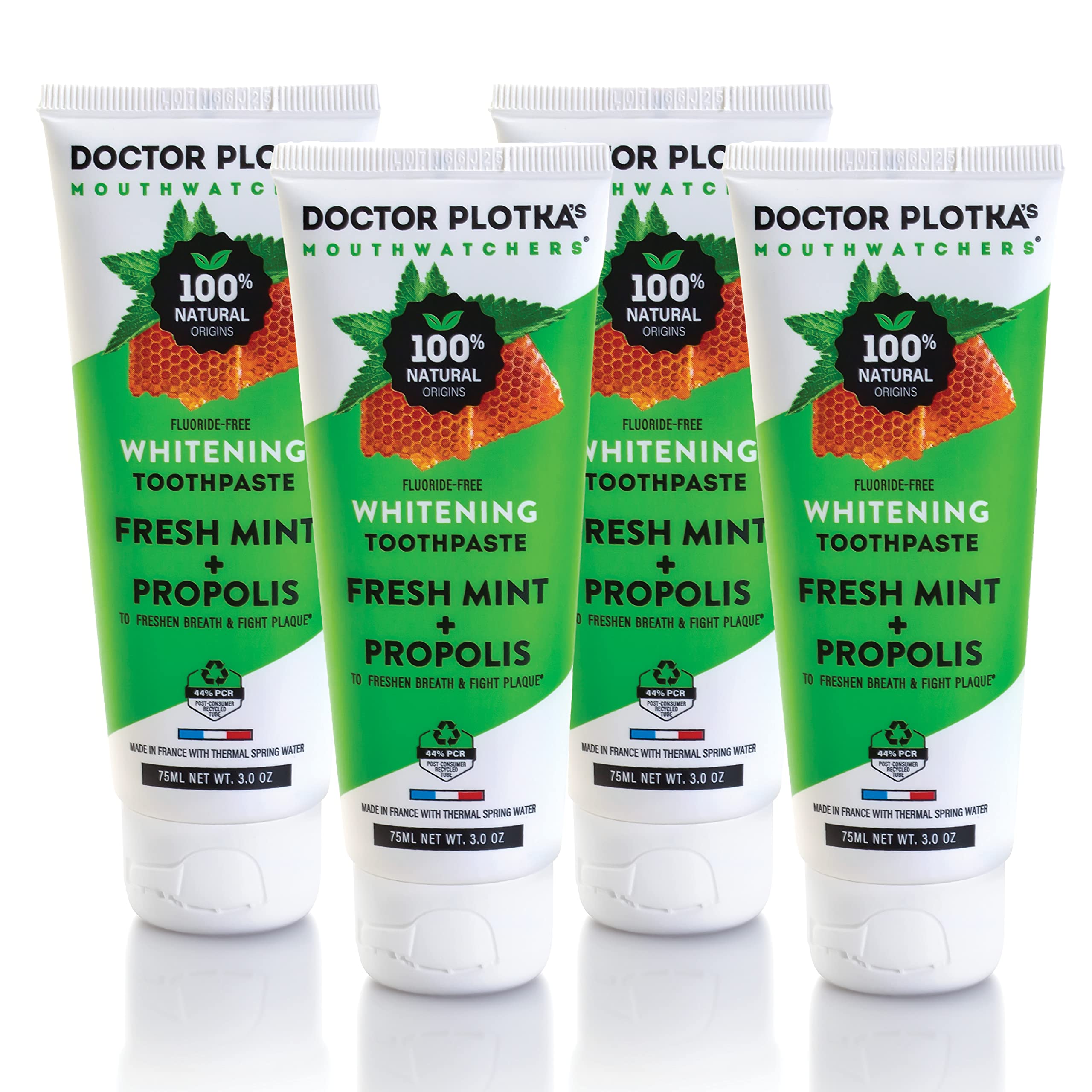 MOUTHWATCHERS Natural Whitening Toothpaste for Sensitive Teeth & Gums - Fluoride Free, Organic Mint & Propolis Formula (4 Pack, 3 oz Tubes) | Gentle Oral Care for Daily Use & Travel