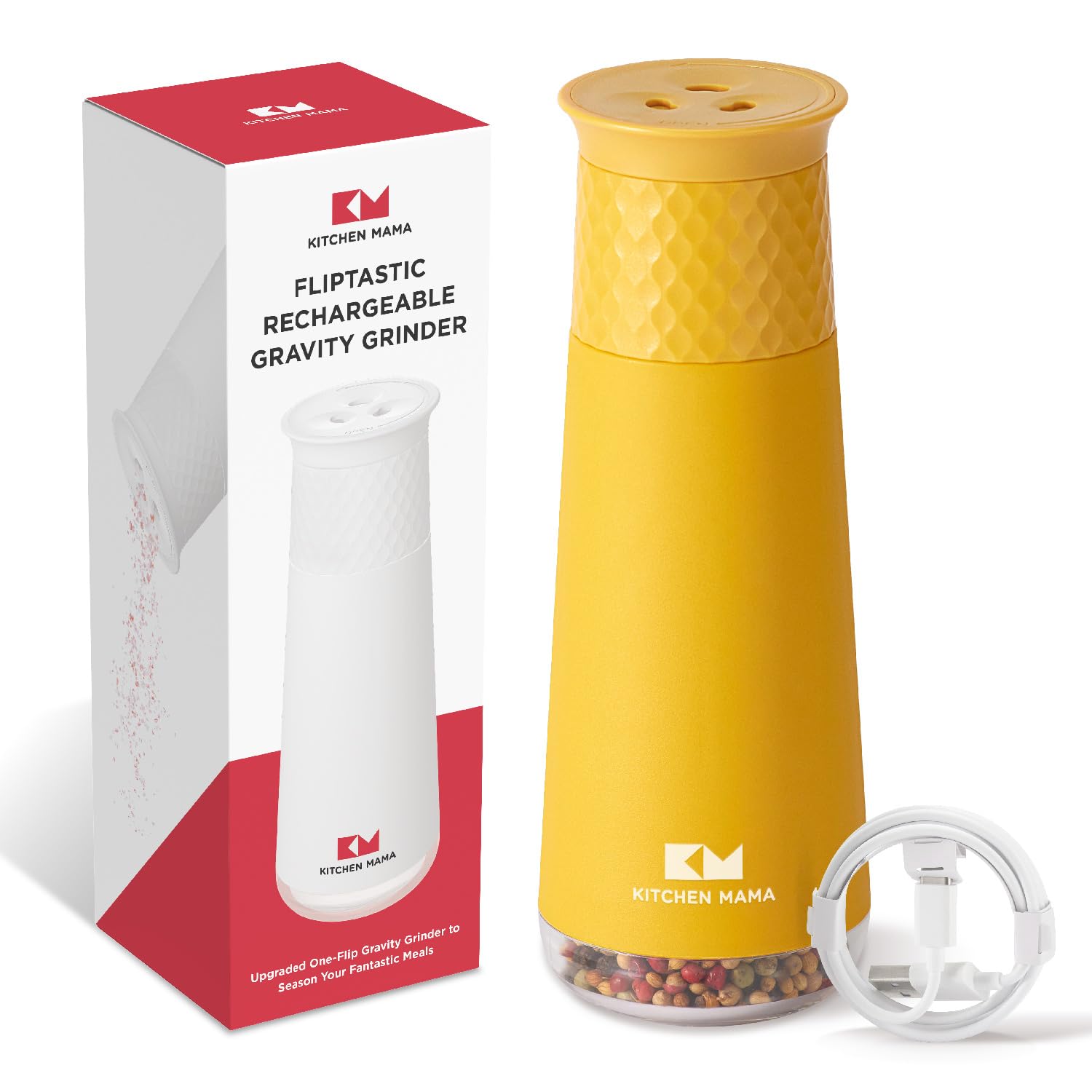 Rechargeable Electric Gravity Salt and Pepper Grinder - Adjustable Coarseness, One-Hand Operated, Refillable & Lightweight Spice Shaker Dispenser (Yellow) | Perfect for Kitchen, Dining Table, Camping & Outdoor Cooking