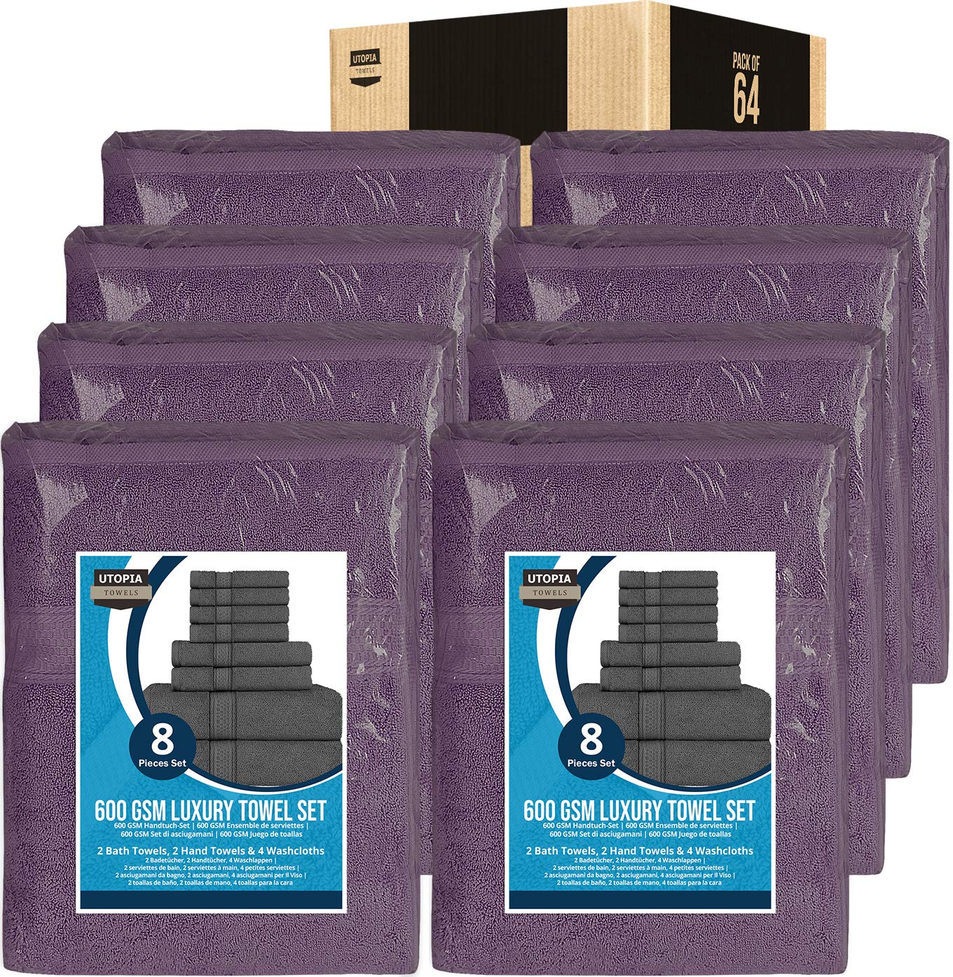 Utopia 64-Piece Luxury Towel Set - 16 Bath Towels, 16 Hand Towels & 32 Washcloths | 600 GSM Ring-Spun Cotton | Ultra Absorbent Bath, Shower & Spa Towels | Soft Plum Color for Home, Hotel & Gym Use