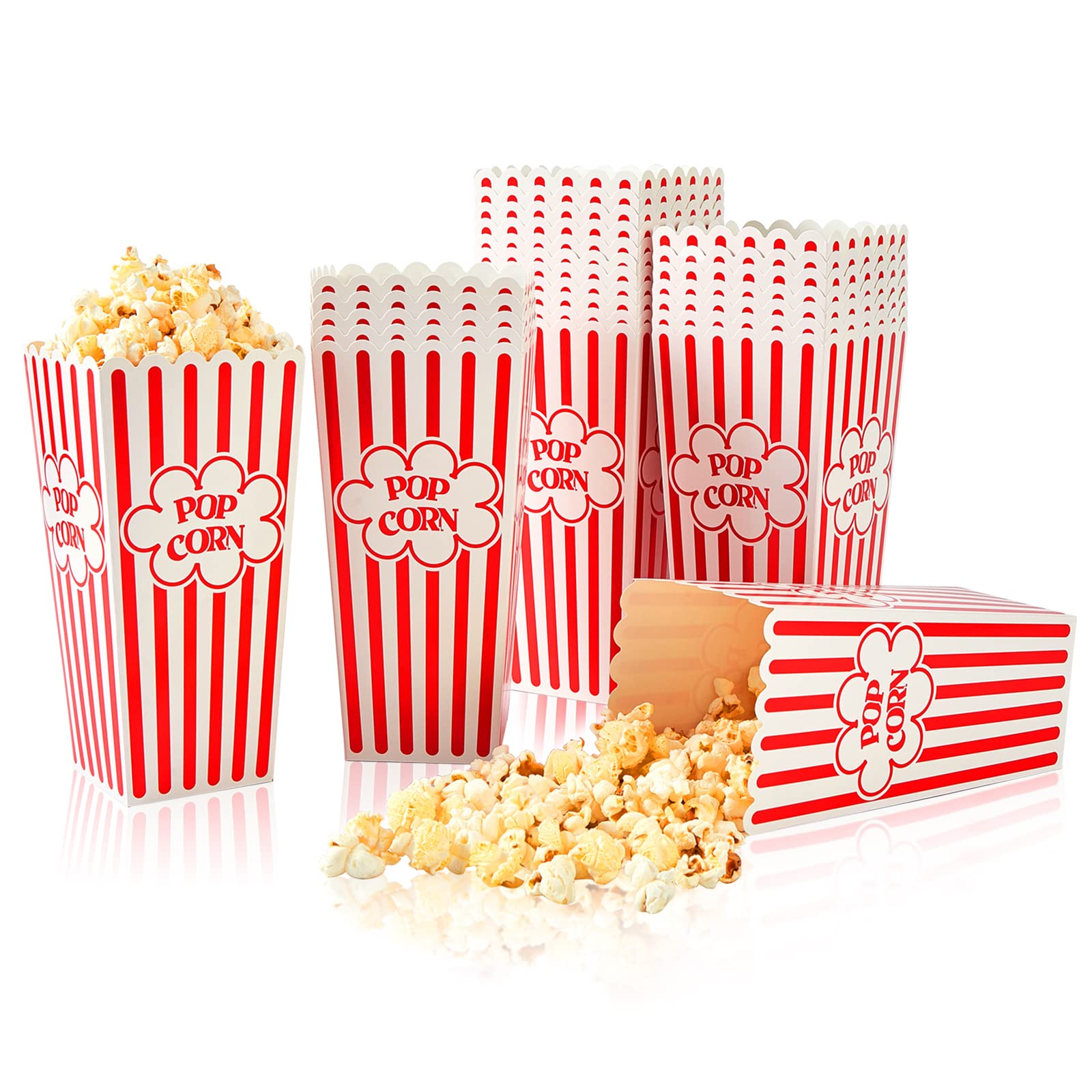 RAYMEA 46 Oz Disposable Popcorn Containers - 28 Pack Red & White Striped Cardboard Popcorn Boxes for Movie Theater, Birthday Parties, and Carnival Events - Bulk Popcorn Holders for Snacks, Concessions, and Home Movie Nights
