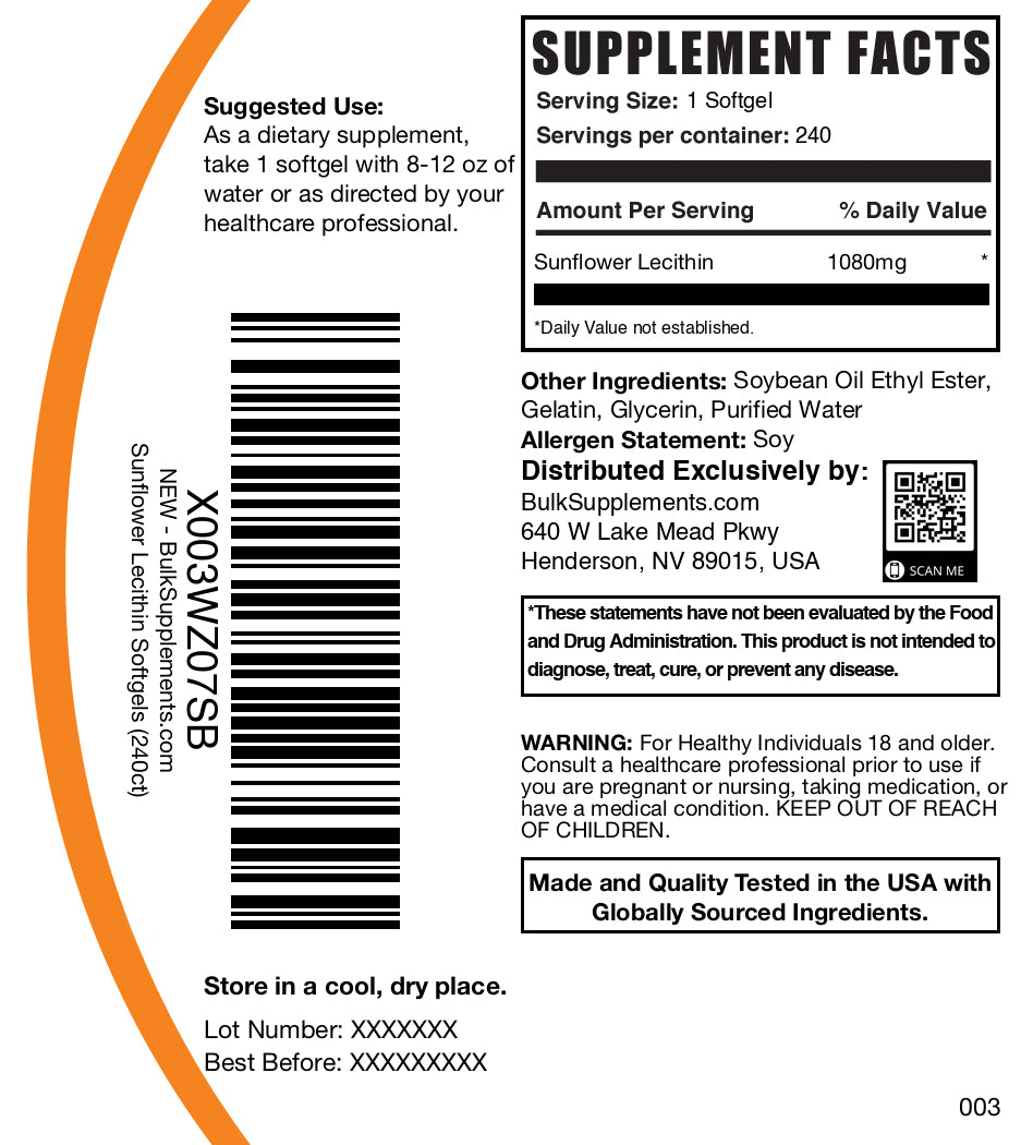 Sunflower Lecithin Softgels 1200mg - Non-GMO, Gluten-Free Supplement for Brain Health & Liver Support - Perfect for Smoothies, Baking & Daily Wellness Routine
