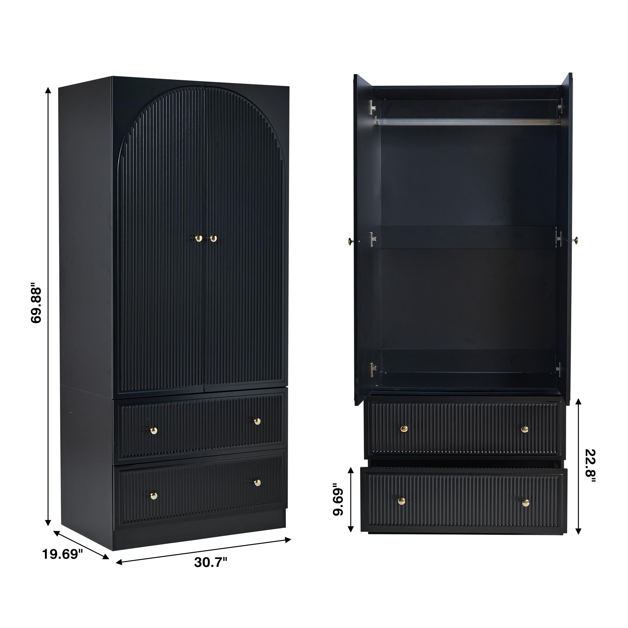 ORRD 2-Door Freestanding Armoire Wardrobe Closet - Large Capacity Wooden Storage Cabinet with 2 Drawers for Bedroom, Black | Perfect for Organizing Clothes, Blankets & Seasonal Items in Small Spaces