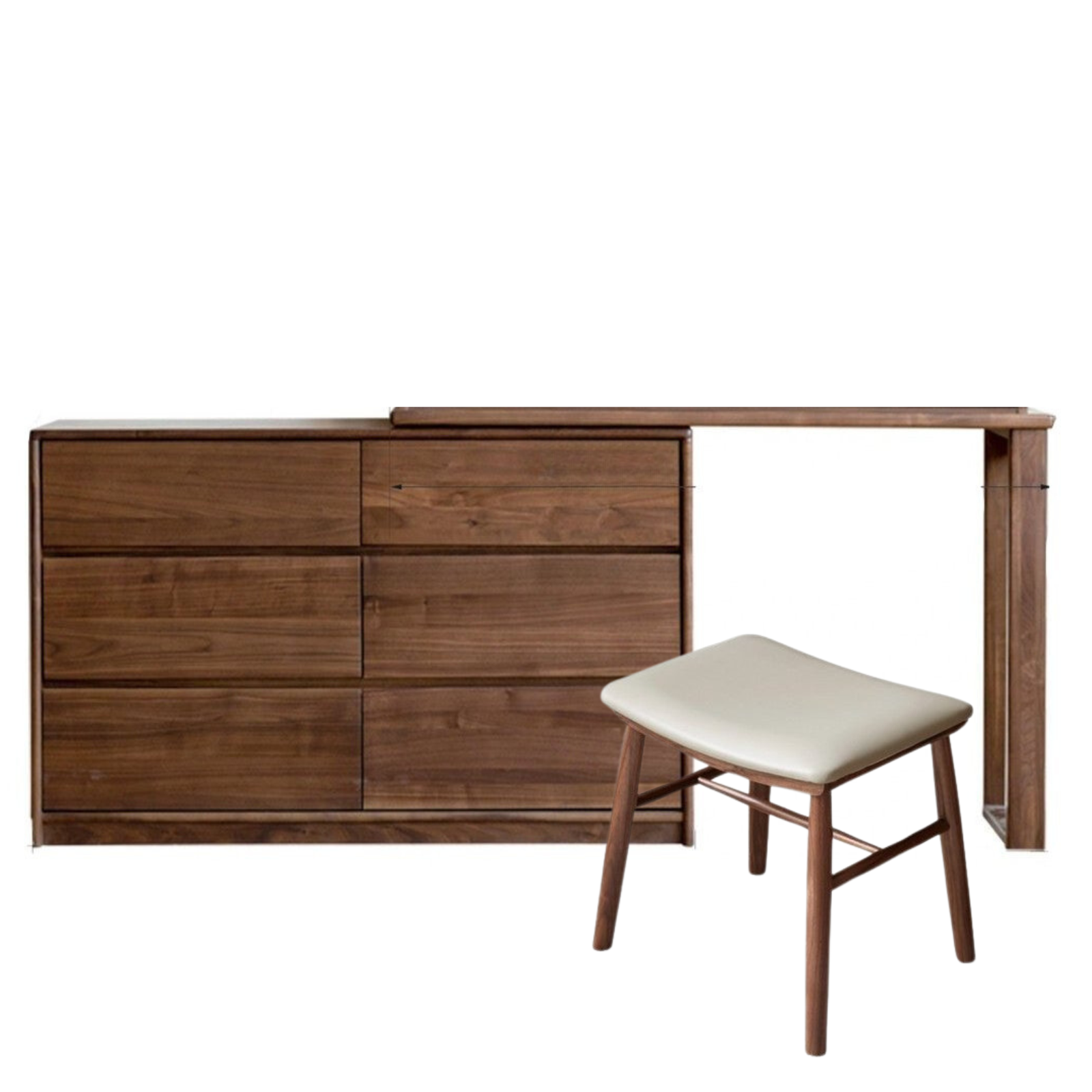 47.2x15.7x31 inch / 120x40x78.8 cm / Rich Dark Walnut color / six-drawer cabinet + table + makeup stool off-white