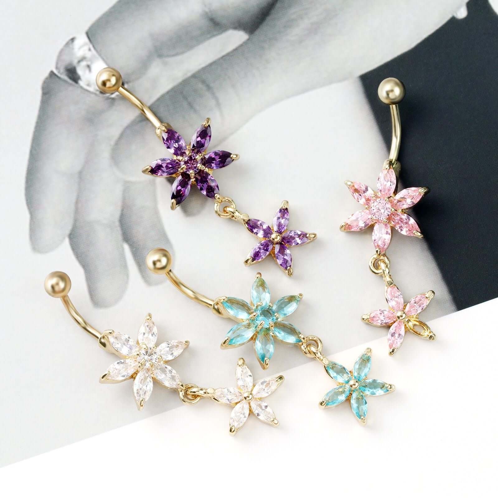 Hypoallergenic Flower Dangle Belly Button Rings | Surgical Steel Top Mount Navel Piercing Jewelry | Cute Body Jewelry for Women | Perfect for Summer, Beach, and Festival Outfits