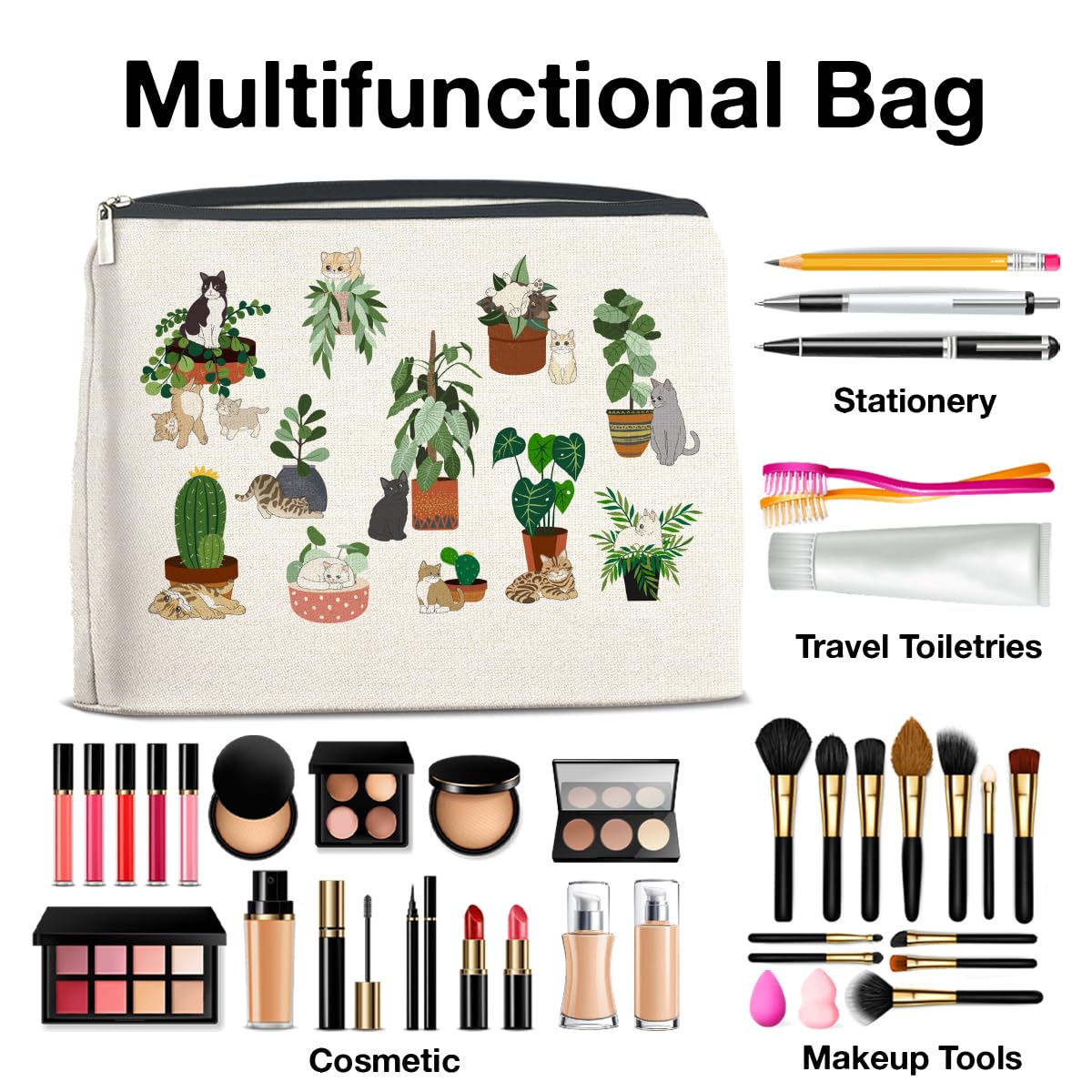 YeleY Black Cat Makeup Bag - Cute Cosmetic Pouch for Cat Lovers & Plant Enthusiasts - Perfect Gift for Women, Cat Moms - Waterproof Zippered Travel Organizer for Makeup, Toiletries & Essentials