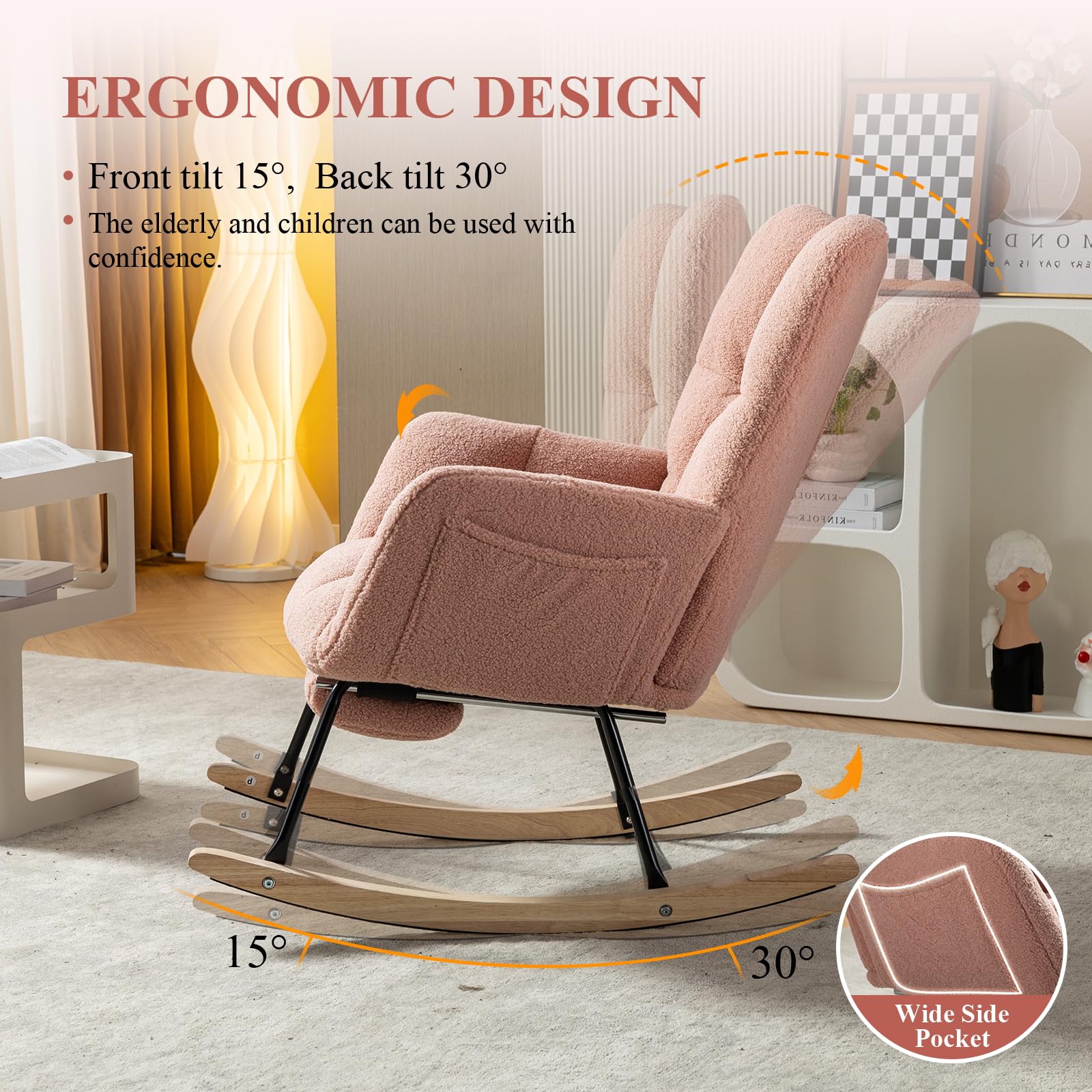 NIOIIKIT Nursery Rocking Chair - Teddy Upholstered Glider Chair with Adjustable Footrest, Padded Recliner & High Back Support - Pink Rocker Recliner for Nursery, Baby Room, Breastfeeding & Reading (Perfect for New Moms & Nursery Decor)