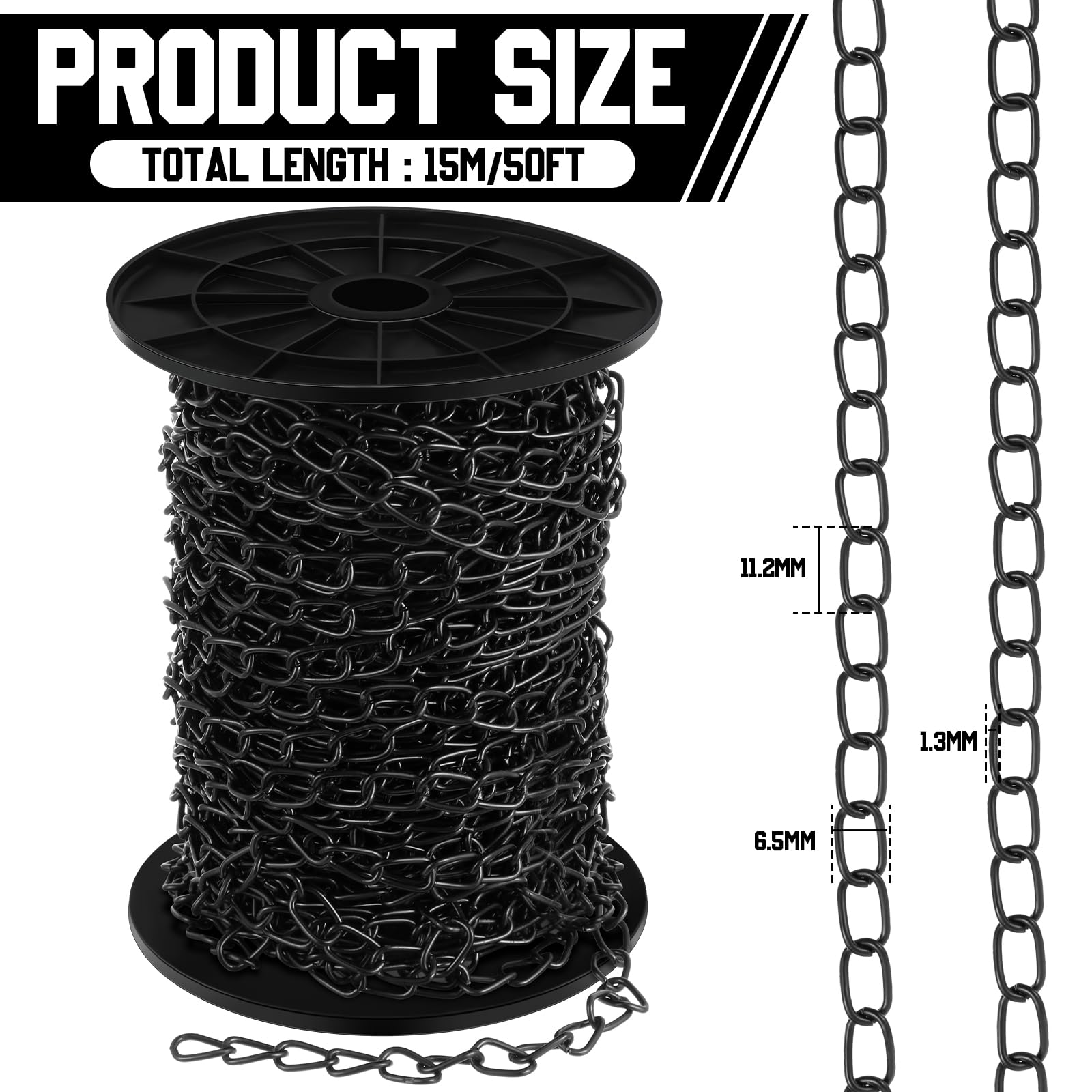 50 ft Galvanized Steel Hanging Jack Chain - 1.3mm Heavy Duty Metal Chain Roll for Light Fixtures, Bird Feeders, Overhead Lights | Perfect for Home Decor, DIY Projects, Plant Hangers & Art Installations