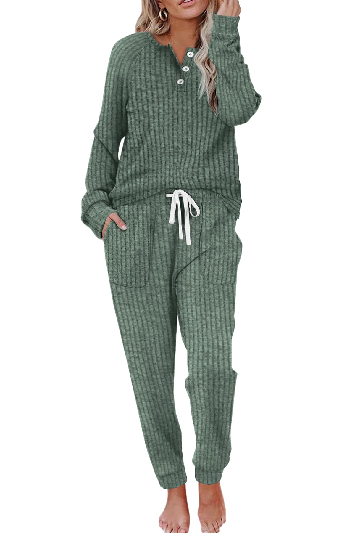 WIHOLL Women's 2-Piece Lounge Set - Button Down Sweatshirt & Sweatpants Outfit with Pockets | Casual Comfort Wear for Home, Travel & Relaxation