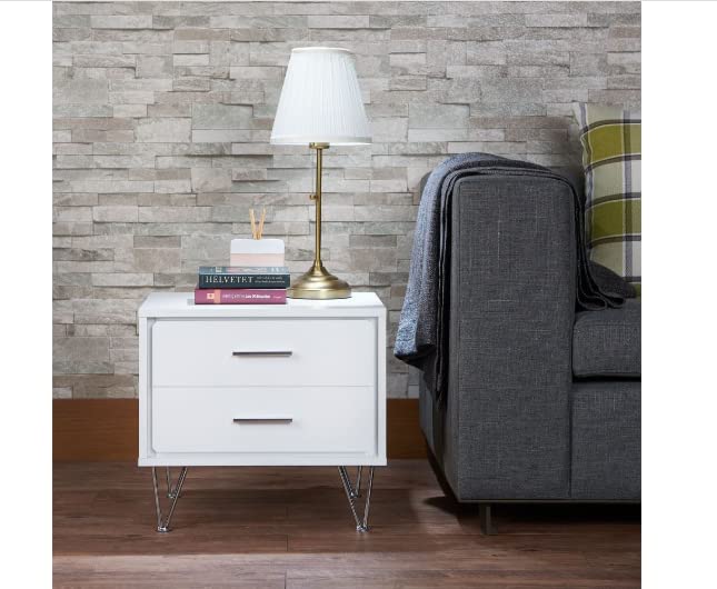 HomeRoots 2-Tier White Wooden Drawer Chrome Nightstand - Modern Bedside Table for Bedroom with Storage Space | Perfect for Small Spaces, Apartments & Guest Rooms