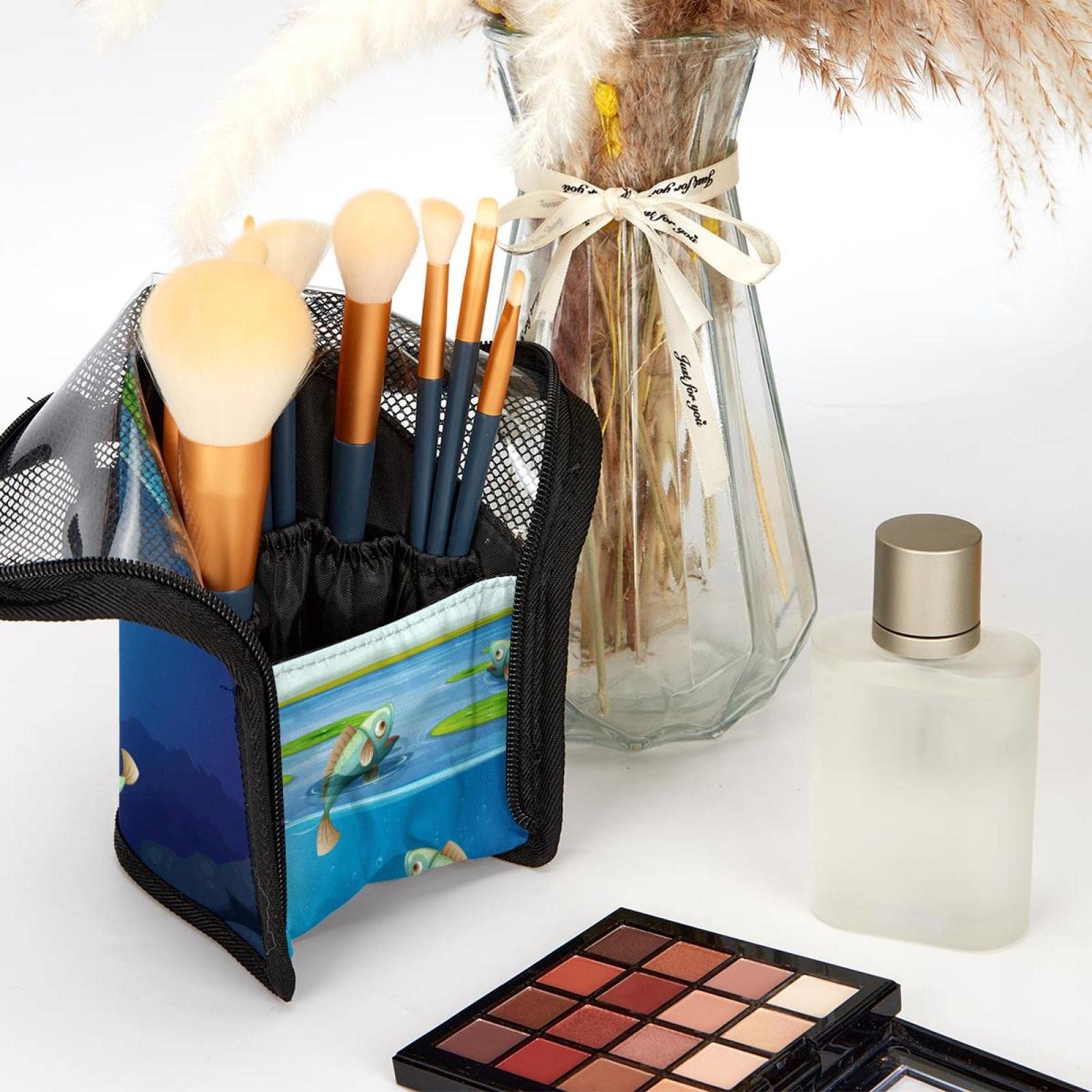 12-Piece Makeup Brush Organizer Bag with Waterproof Fish Lotus Leaf Design - Portable Cosmetic Brush Holder Case for Travel & Home Storage