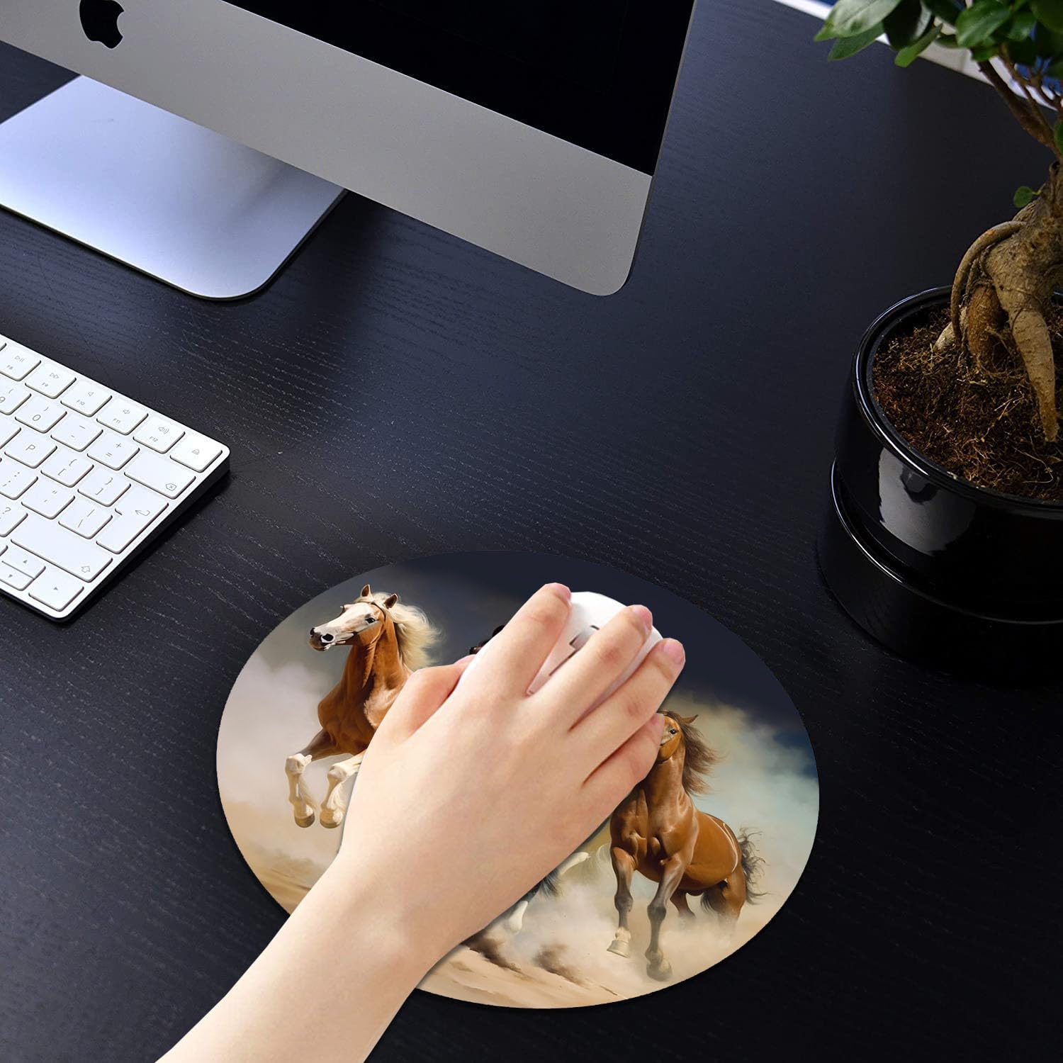 Premium Non-Slip Round Mouse Pad with 4 Coasters Set - Running Horse Design Ergonomic Desk Mat for Office & Gaming - Perfect for Computers, Laptops, and Home Workspace Decor