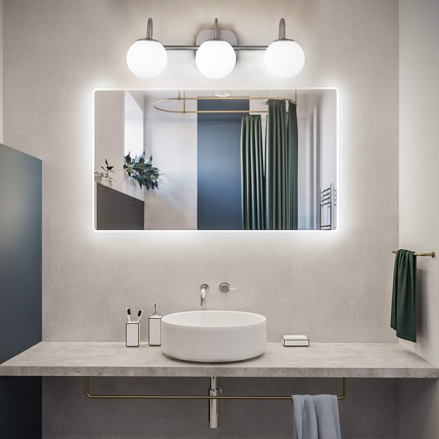 Modern Brushed Nickel Bathroom Vanity Light Fixture - 3-Light Wall Sconce with Milk White Glass Globe Shades for Bathroom Mirror Lighting, Vanity Bar & Powder Room (Excludes G9 Bulb) - Perfect for Contemporary Home Decor & Spa-Like Ambiance