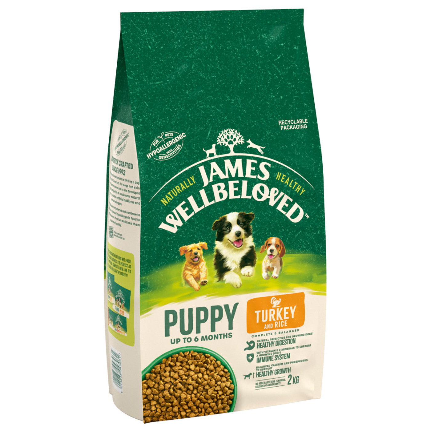 James Wellbeloved Turkey & Rice Puppy Dry Dog Food - 7.5KG (16.5 lbs) - Natural Hypoallergenic Kibble for Small & Medium Breed Puppies - Perfect for Sensitive Stomachs & Healthy Growth