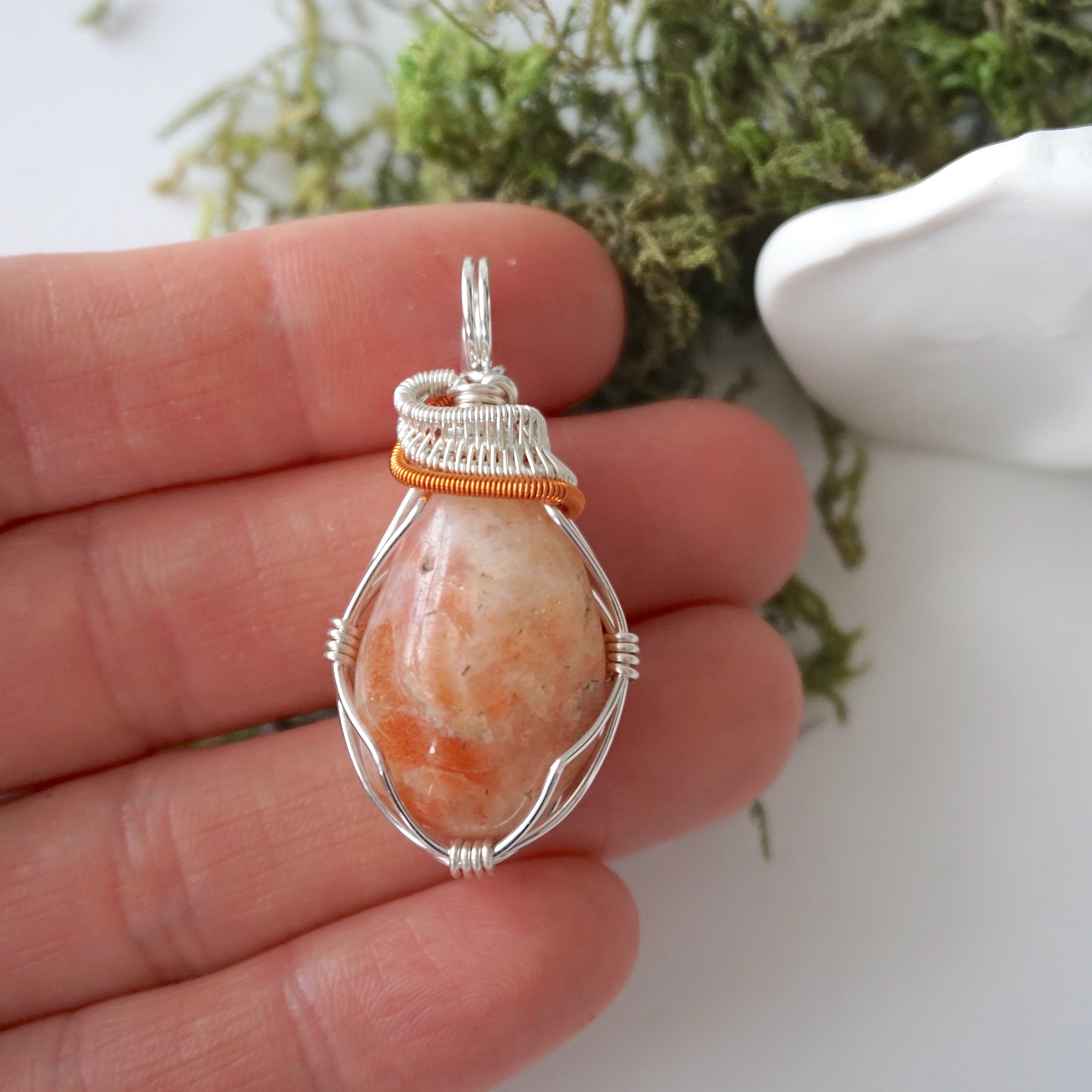 Sunstone Pendant Necklace - Sterling Silver & Copper Mixed Wire Handmade Jewelry for Women - Perfect for Spiritual Healing, Energy Work & Boho Fashion