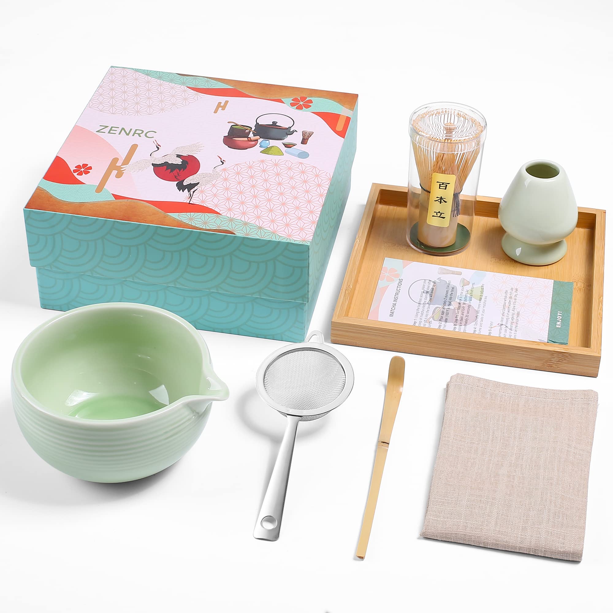 Premium Ceremony Matcha Kit - Authentic Handmade Bamboo Matcha Whisk (Chasen), Scoop (Chashaku), Spouted Chawan Bowl, Whisk Holder, Sifter & Bamboo Tea Tray - Complete Matcha Tea Set for Traditional Japanese Tea Ceremony (Apple Green, 7-Piece Set) - Perfect for Home Tea Rituals, Zen Meditation & Gift Giving