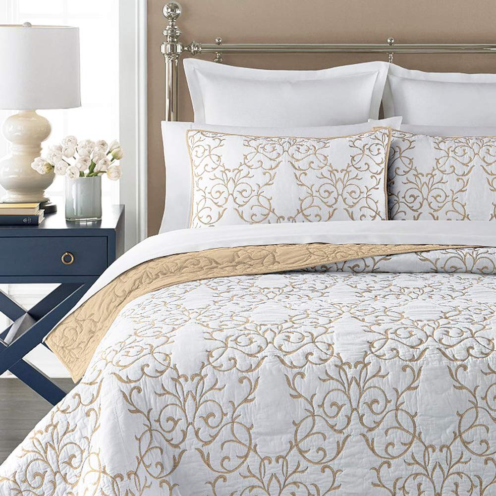 Mixinni King Size Reversible Quilt Set - 3-Piece Soft Cotton Bedding with Elegant Beige Embroidery, Includes Embroidered Decorative Shams & Coverlet | Perfect for Master Bedroom, Guest Room & Cozy Home Decor