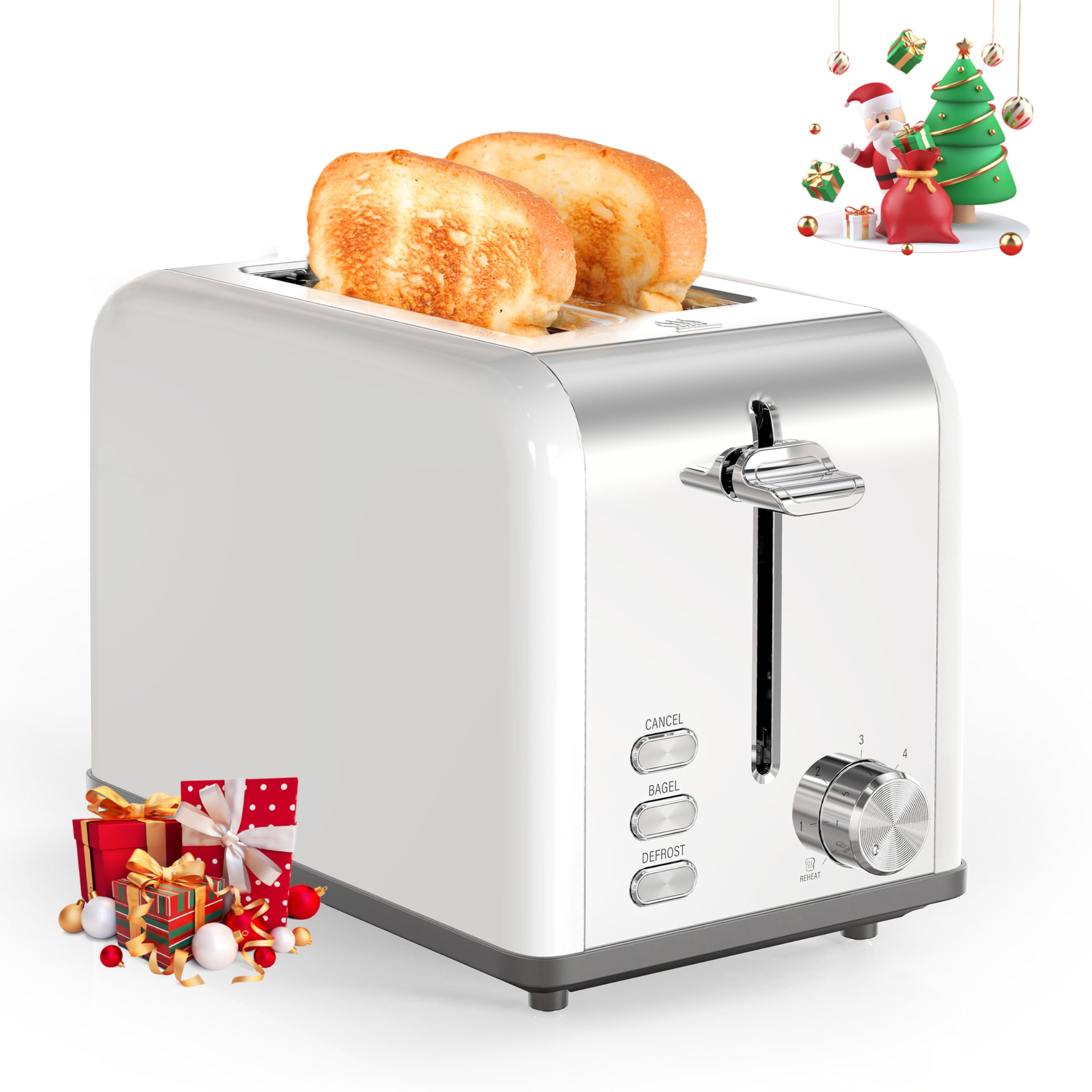 YSSOA 2-Slice Stainless Steel Toaster with Extra Wide Slots - 6 Browning Levels, Bagel/Defrost/Cancel Functions - Removable Crumb Tray - Compact Countertop Toaster for Bread, Bagels, Waffles & Pastries - Perfect for Breakfast, Office or Dorm Room Use - White