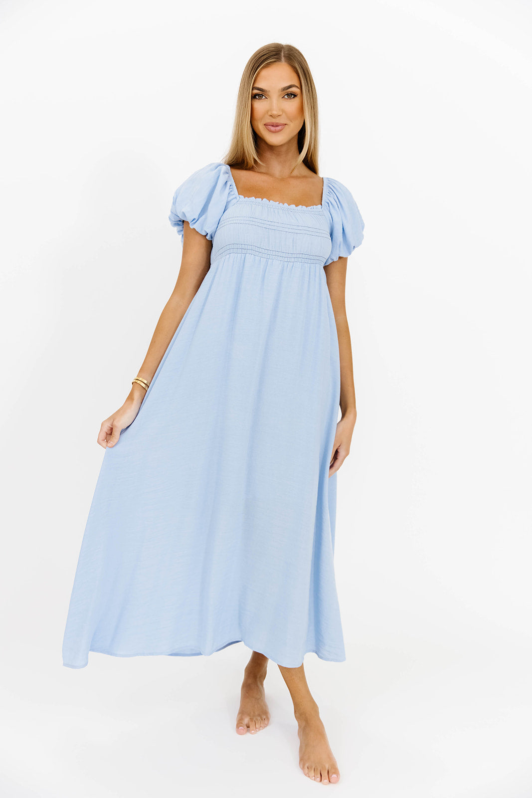 Belle Puff Sleeve Maxi Dress - Flowy Long Summer Dress for Women in Baby Blue | Perfect for Beach Vacation, Wedding Guest, and Date Night Outfits