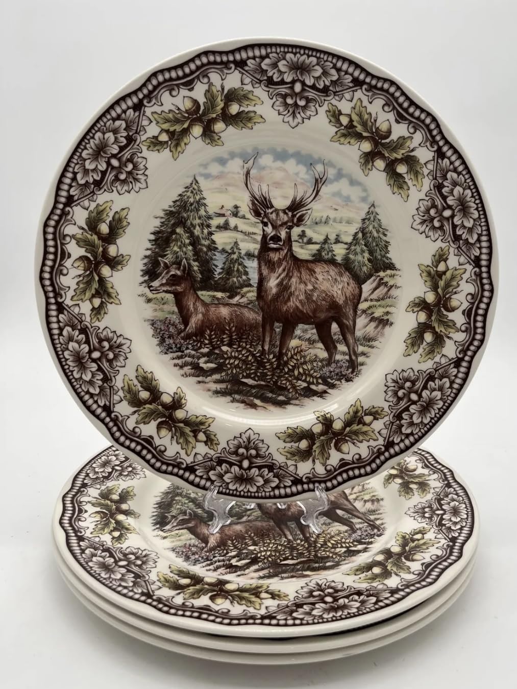 Stag Deer Dinner Plates Set of 4 - Victorian English Pottery for Elegant Dining, Holiday Entertaining & Rustic Table Decor