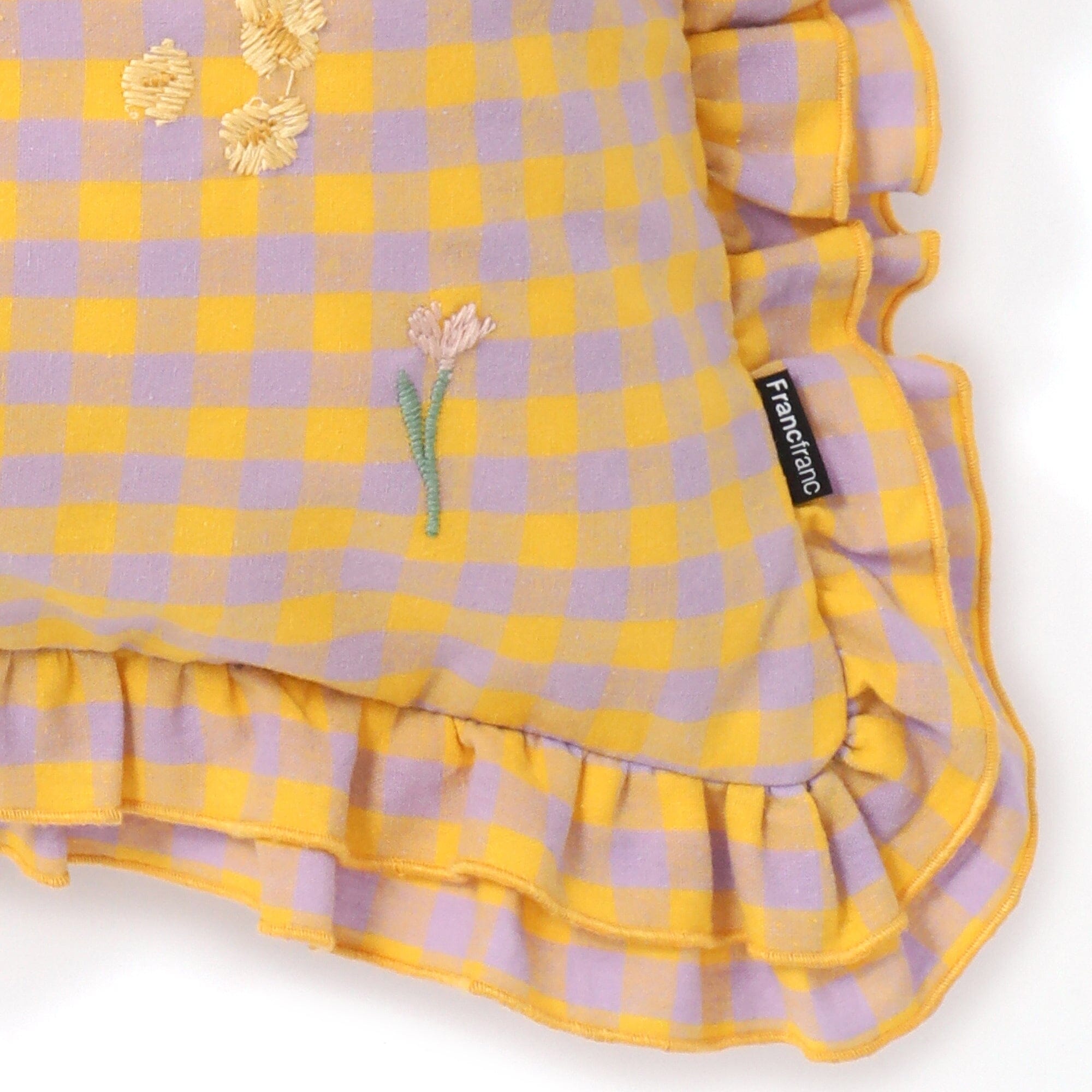 Frilled Embroidered Cushion Cover 18x18 Inches Yellow and Purple - Perfect for Sofa, Bed, Chair Decor and Home Styling