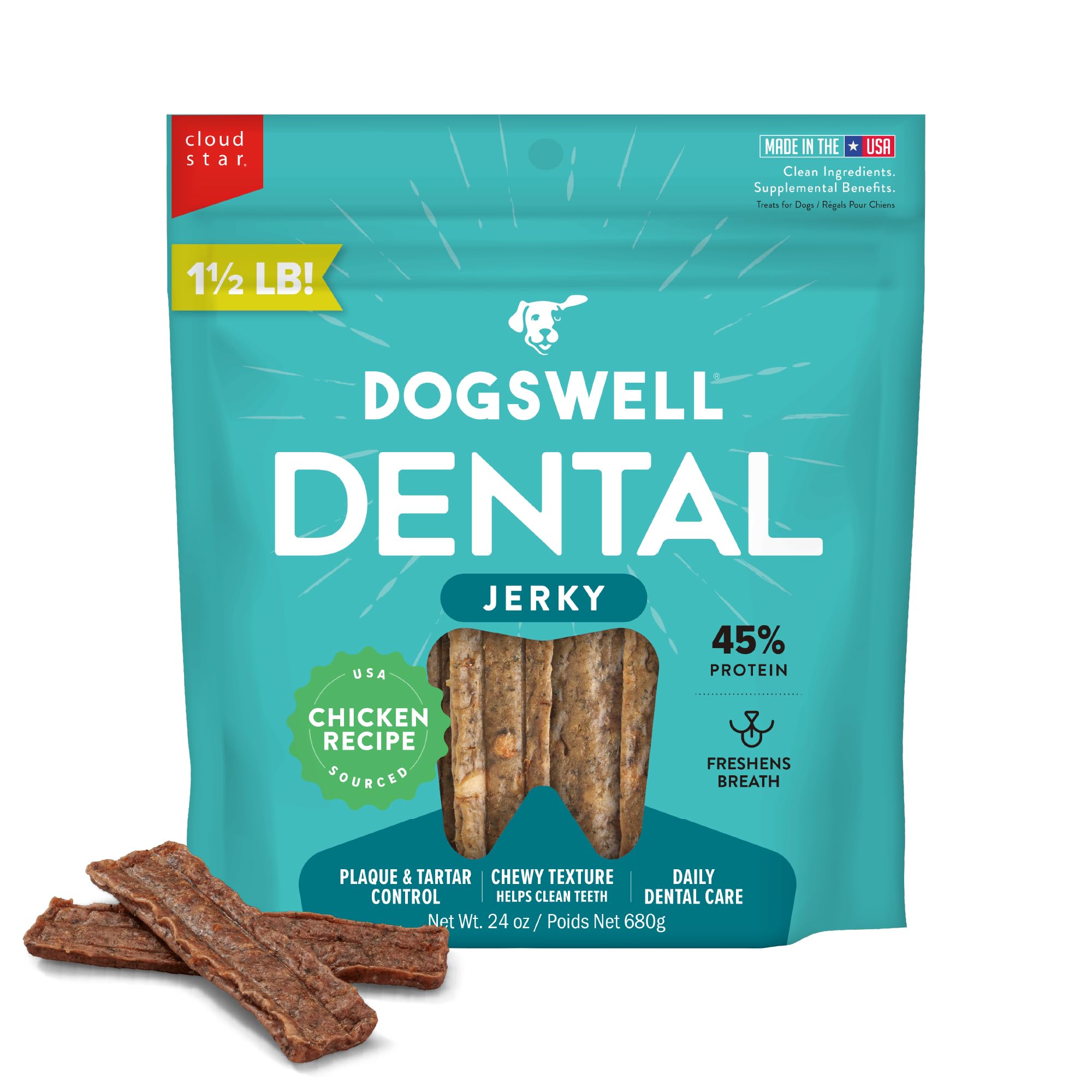 DOGSWELL Dental Jerky Dog Treats - Chicken Flavor, 24oz Bag | Healthy Teeth Cleaning Chews for Dogs | Perfect for Training Rewards & Oral Care at Home