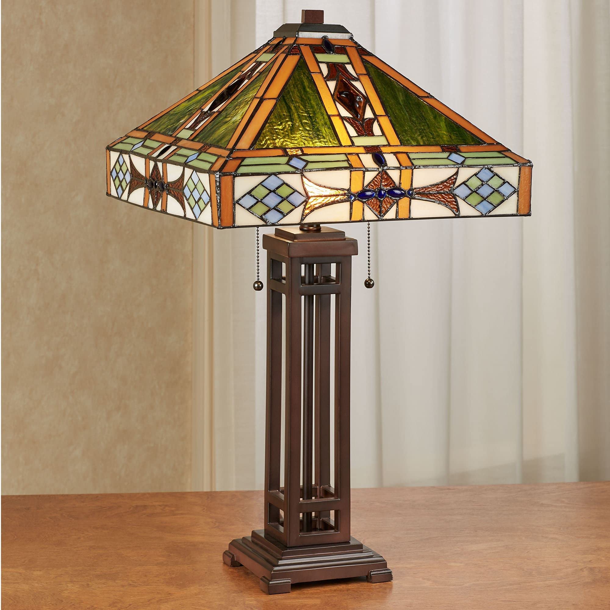 Handcrafted Javier Stained Glass Table Lamp in Green & Orange with Bronze Finish - Mission Style Southwest Decor for Bedroom, Living Room & Office - Perfect for Southwestern Aesthetic & Cozy Ambient Lighting