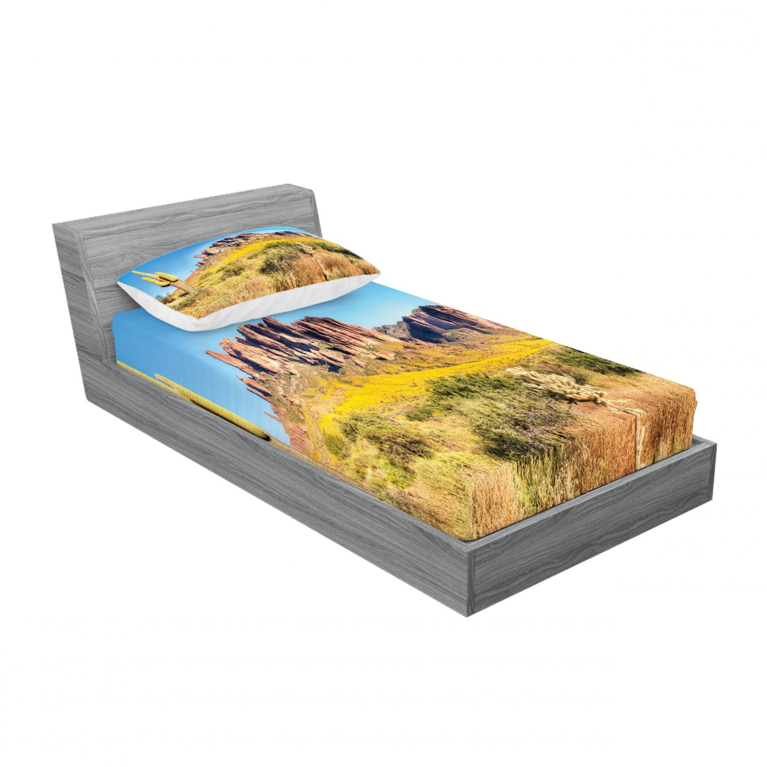 Ambesonne 2-Pack Twin XL Fitted Sheets & Pillow Sham Set - Blooming Mountain Landscape Design, Orange & Brown 4-Piece Bedding Set | Perfect for Dorm Rooms, Guest Beds & Cozy Cabin Retreats