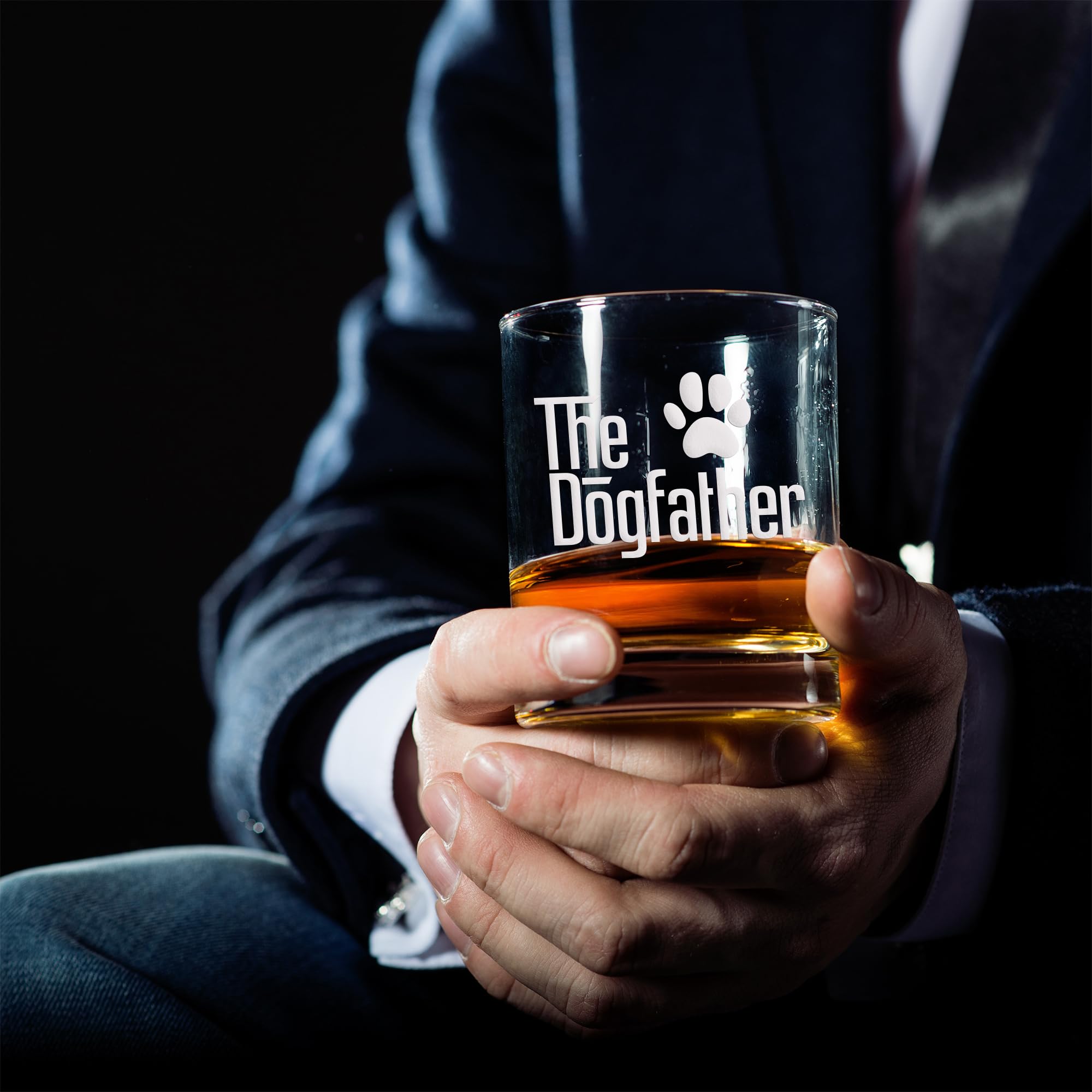 The Dogfather Whiskey Glass - Best Gift for Dog Dads & Pet Lovers - Engraved Round Rocks Glass for Bourbon, Scotch, Cocktails - Perfect for Father's Day, Birthday & Dog-Themed Parties