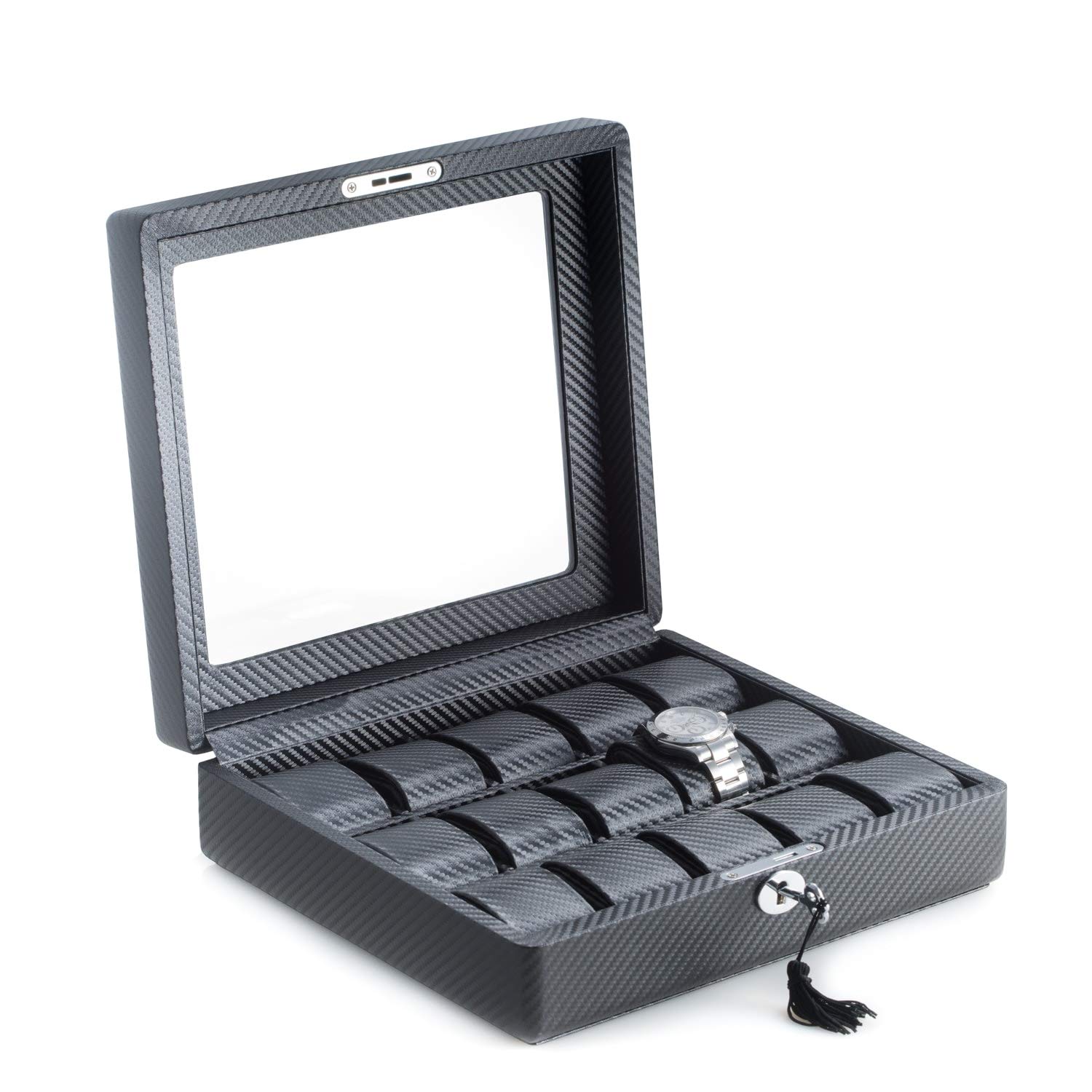 Bey-Berk BB595BLK Black Leatherette Watch Box with Glass Top - Adjustable Pillows for Large & Slim Wrist Watches, Secure Locking Clasp | Perfect for Watch Storage, Display & Travel Organization