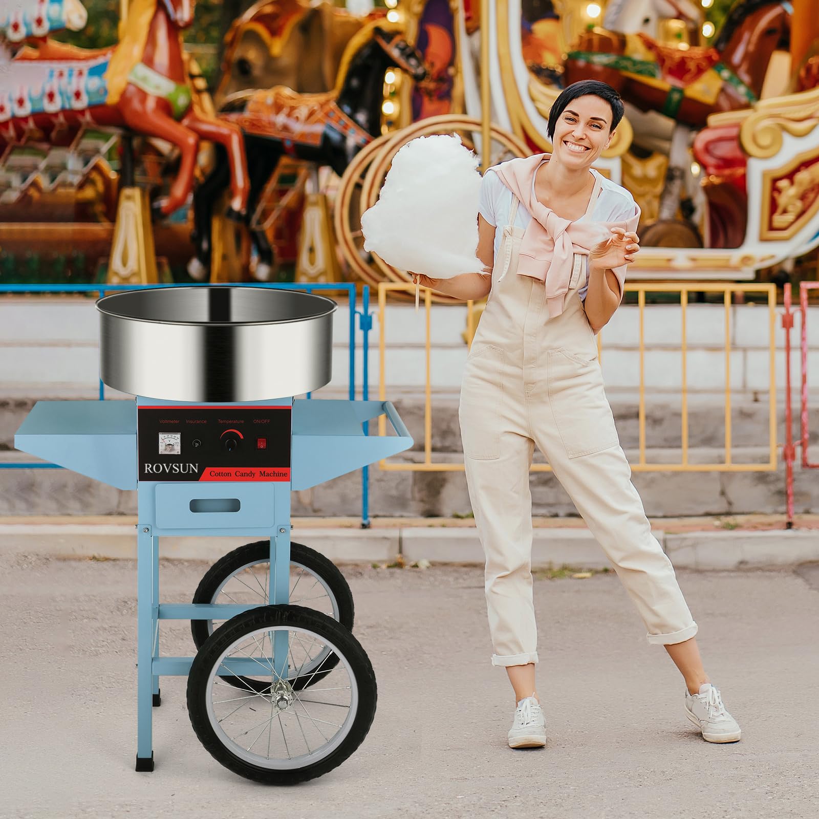 ROVSUN 21 Inch Commercial Cotton Candy Machine Cart with Stainless Steel Bowl - Candy Floss Maker with Sugar Scoop & Large Storage Drawer - Perfect for Home Parties, Carnivals, Fairs & Events (Blue)
