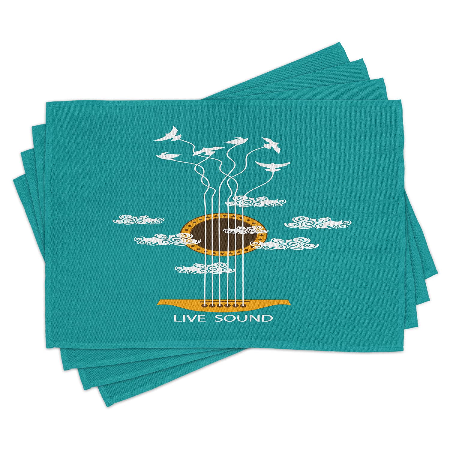 Ambesonne 4-Piece Guitar Placemats Set - Abstract Music Theme with Birds on Strings & Clouds Design | Washable Fabric Table Mats for Dining Room & Kitchen Decor in Turquoise, Marigold & White | Perfect for Music Lovers' Dinner Parties & Themed Home Decor