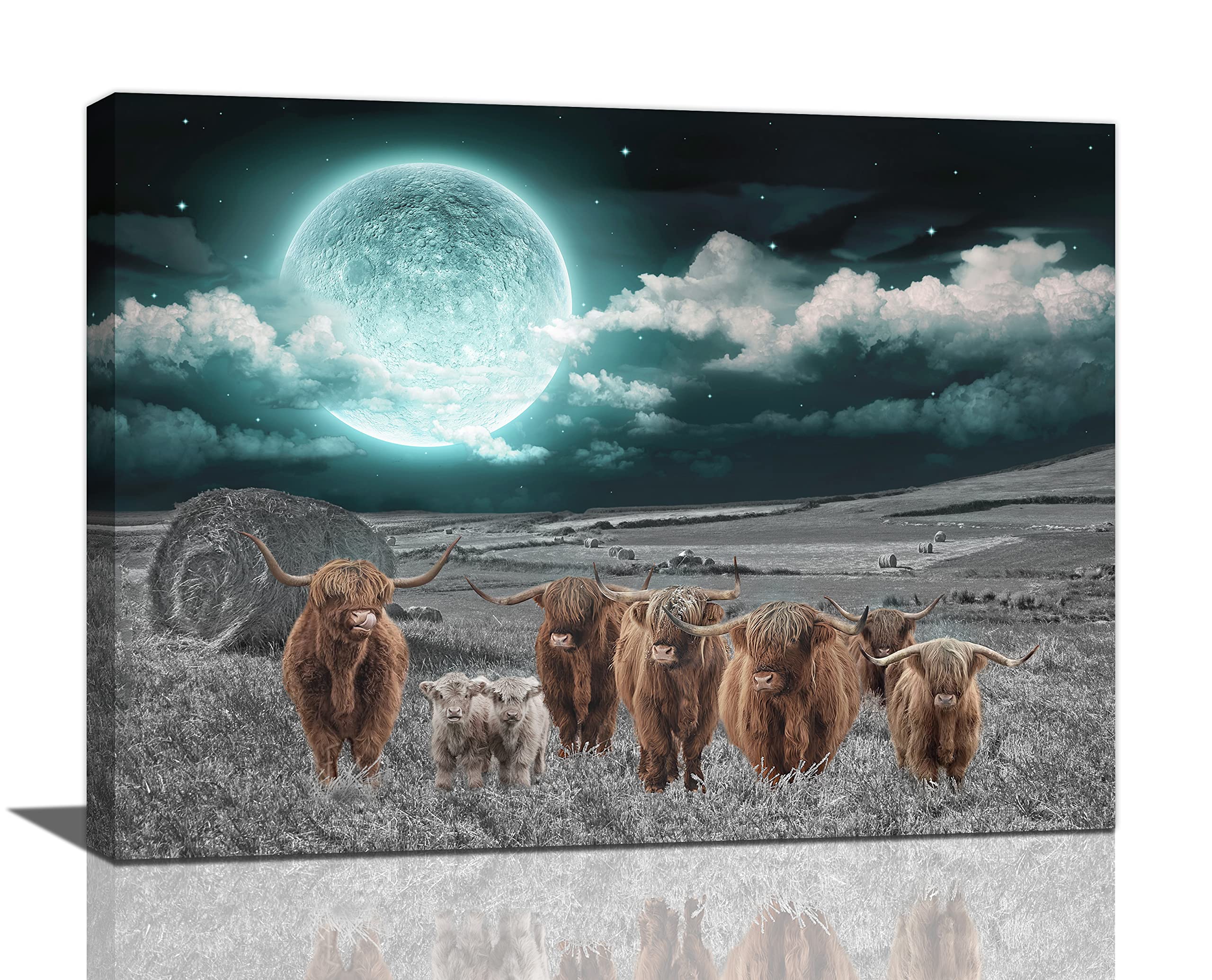 Teal Wall Art - Turquoise Rustic Farmhouse Decor, Country Moon Haystack Cows Print Painting, Black & White Animal Poster Framed Artwork (24x16 Inch) for Living Room, Bedroom, Bathroom & Office Decor